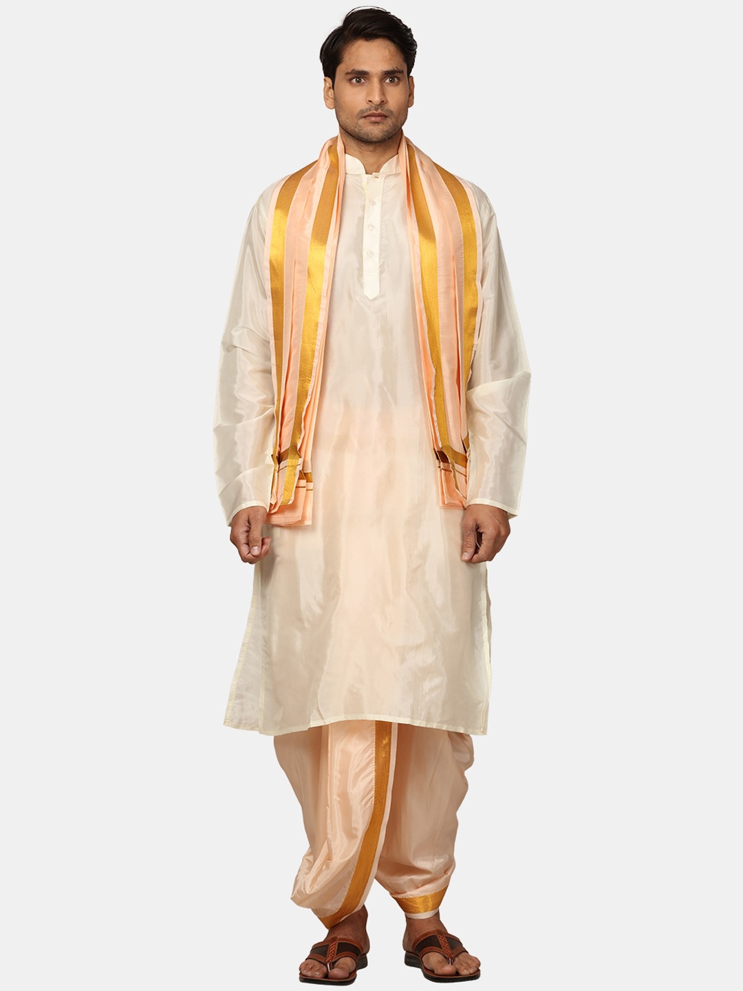 

Sethukrishna Mandarin Collar Regular Kurta with Dhoti Pants & With Dupatta, Cream