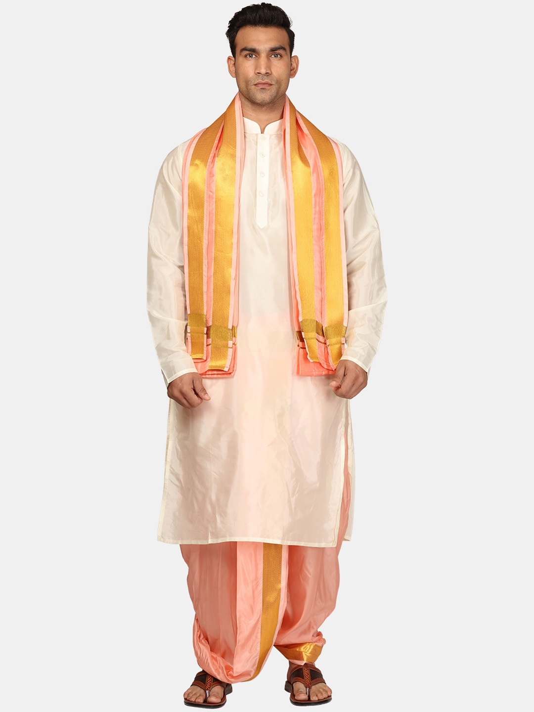 

Sethukrishna Mandarin Collar Regular Straight Kurta with Dhoti Pants With Angavastra, Cream