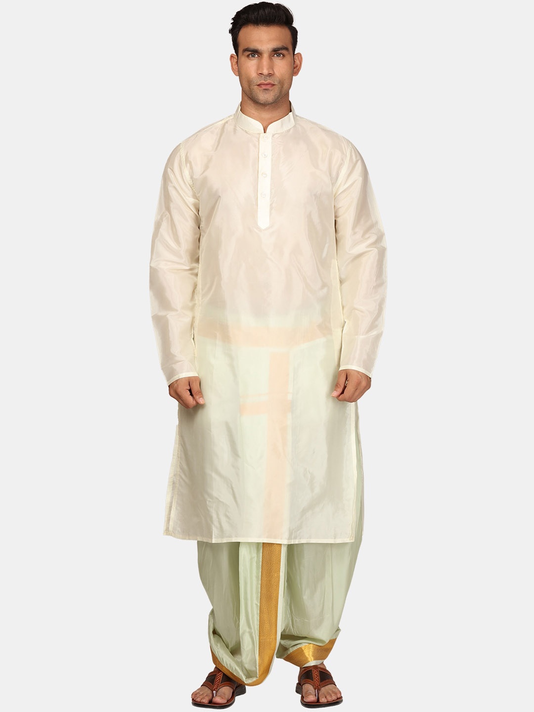 

Sethukrishna Mandarin Collar Kurta With Dhoti Pants, Cream