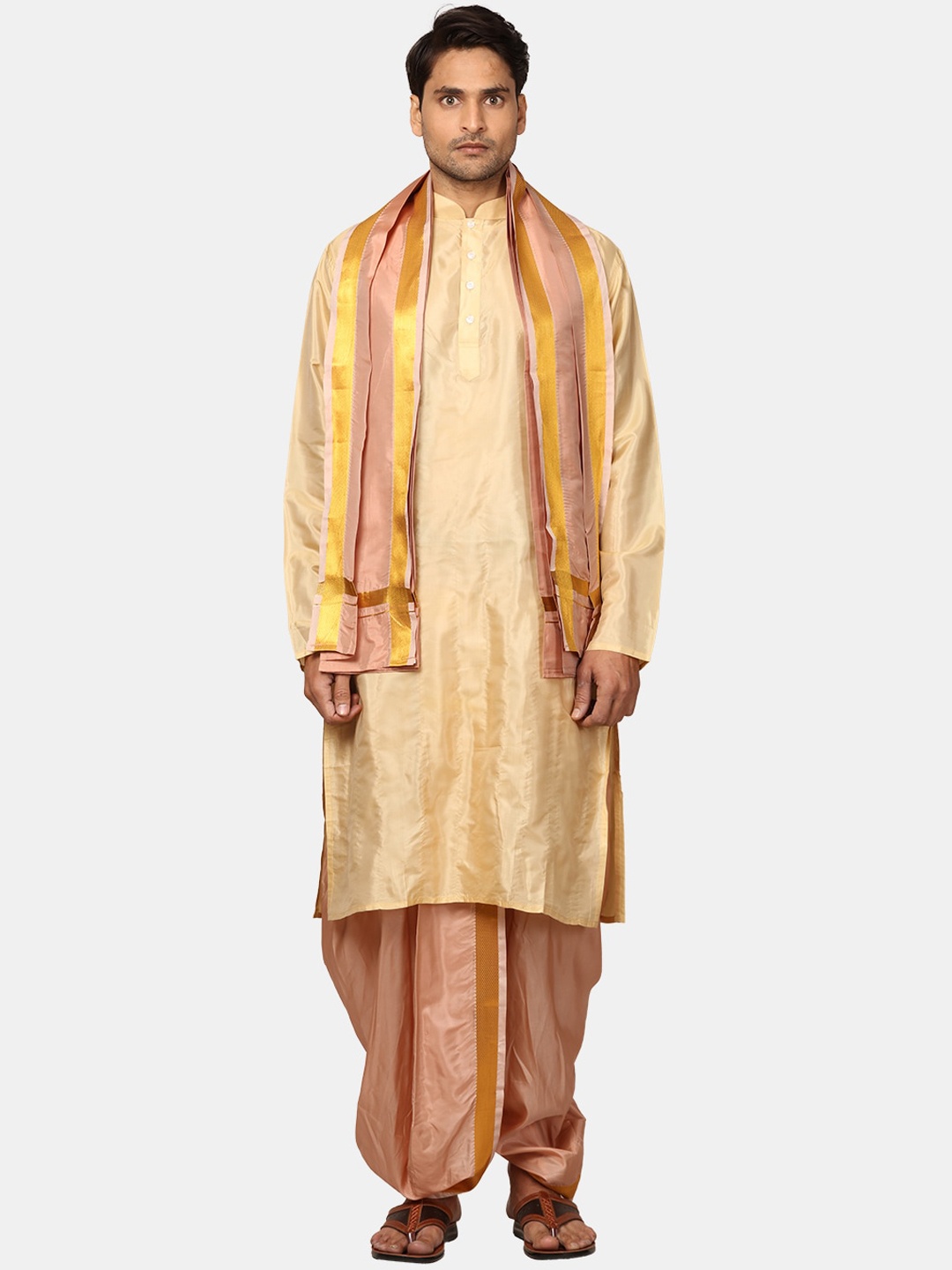 

Sethukrishna Regular Zari Kurta With Dhoti Pants & Dupatta, Beige