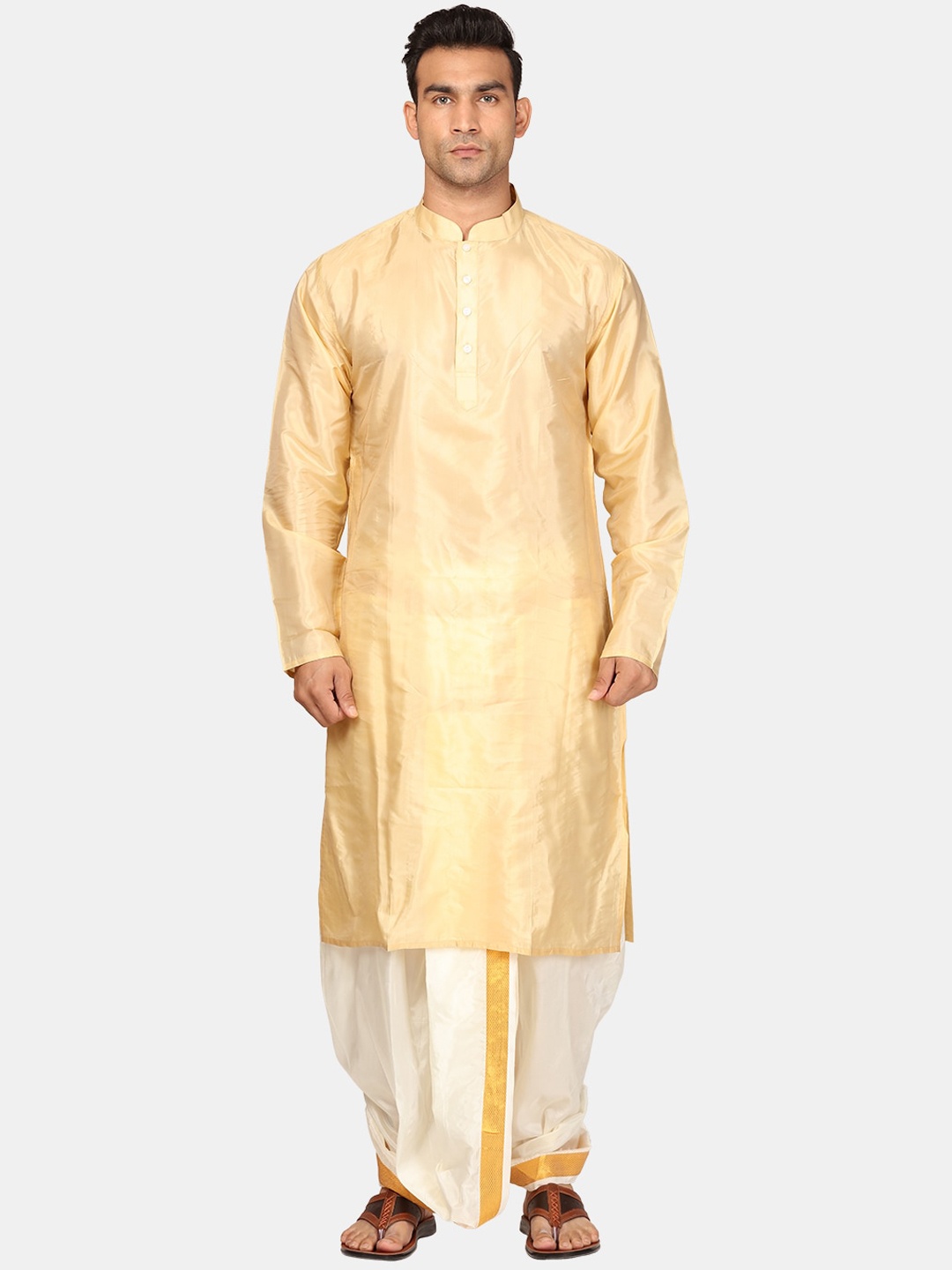 

Sethukrishna Mandarin Collar Zari Kurta With Dhoti Pants, Beige