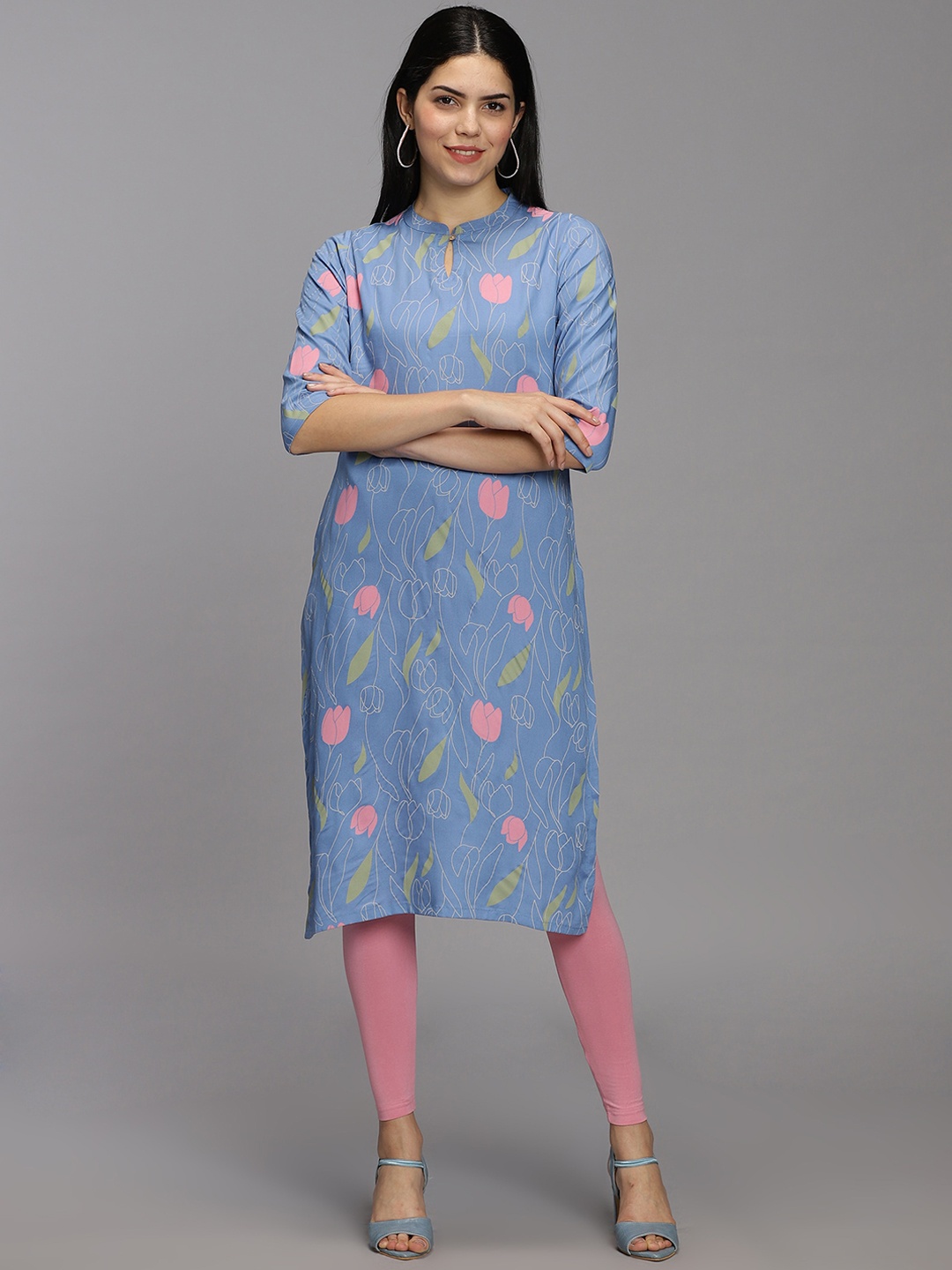 

HAY Floral Printed Liva Straight Kurta, Blue