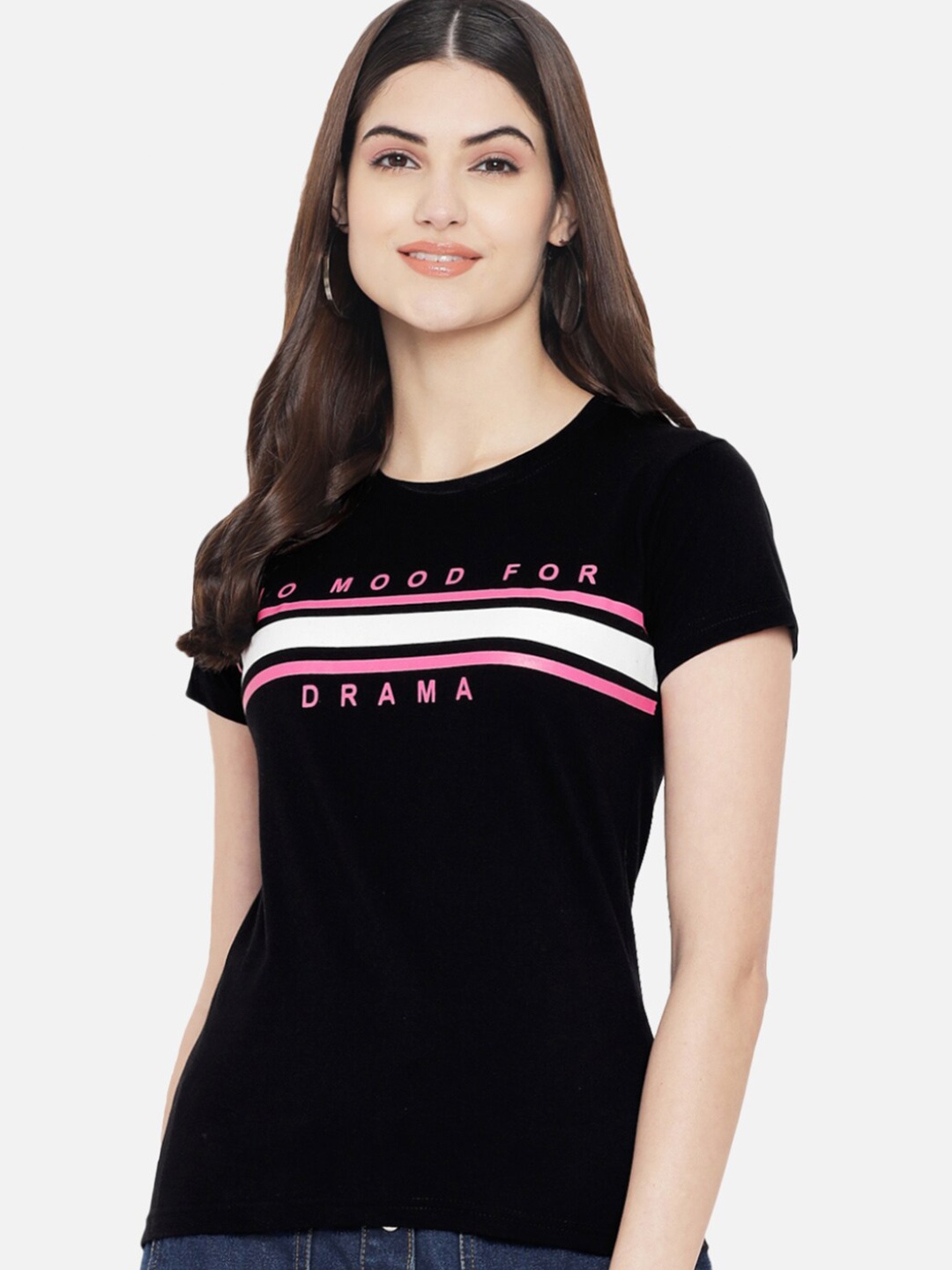 

Fabflee Women Pure Cotton Typography Printed Round Neck T-Shirt, Black