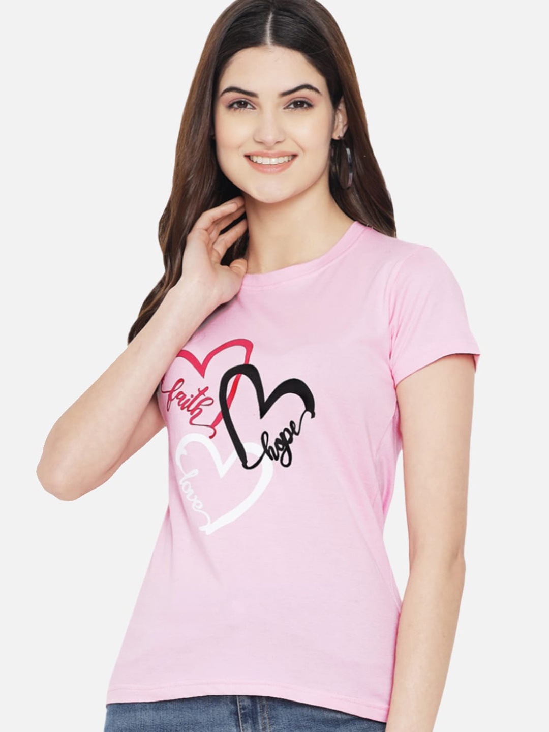 

Fabflee Women Pure Cotton Typography Printed Soft Cotton Round Neck Regular T-Shirt, Pink