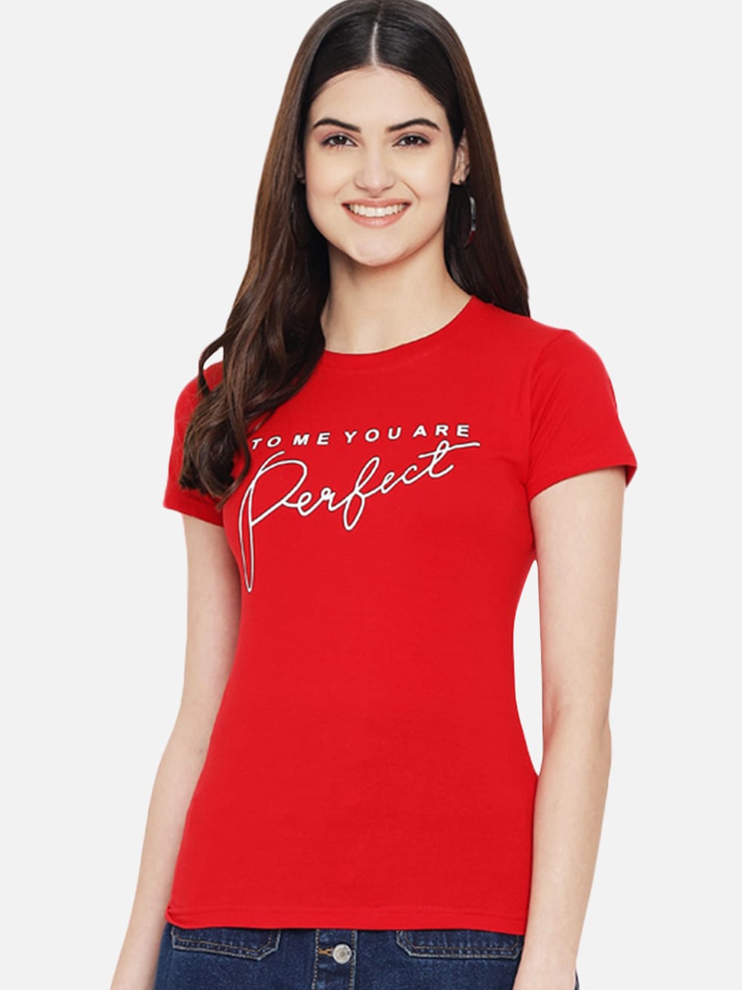 

Fabflee Women Typography Printed Round Neck Soft Pure Cotton T-Shirt, Red