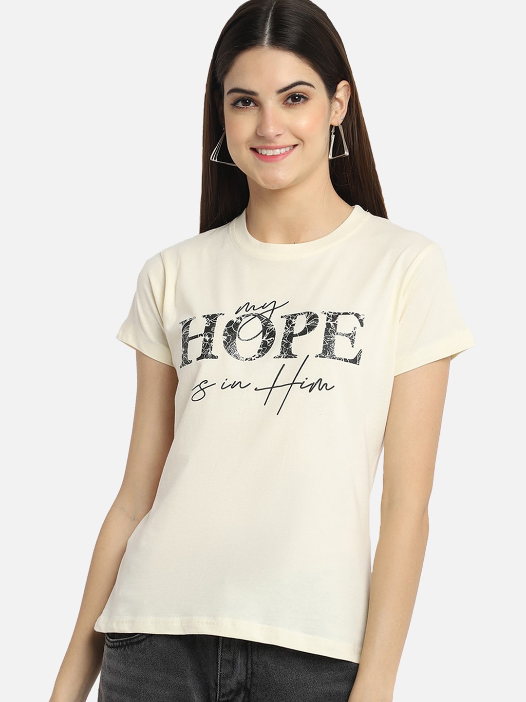 

Fabflee Women Pure Cotton Typography Printed T-Shirt, Off white
