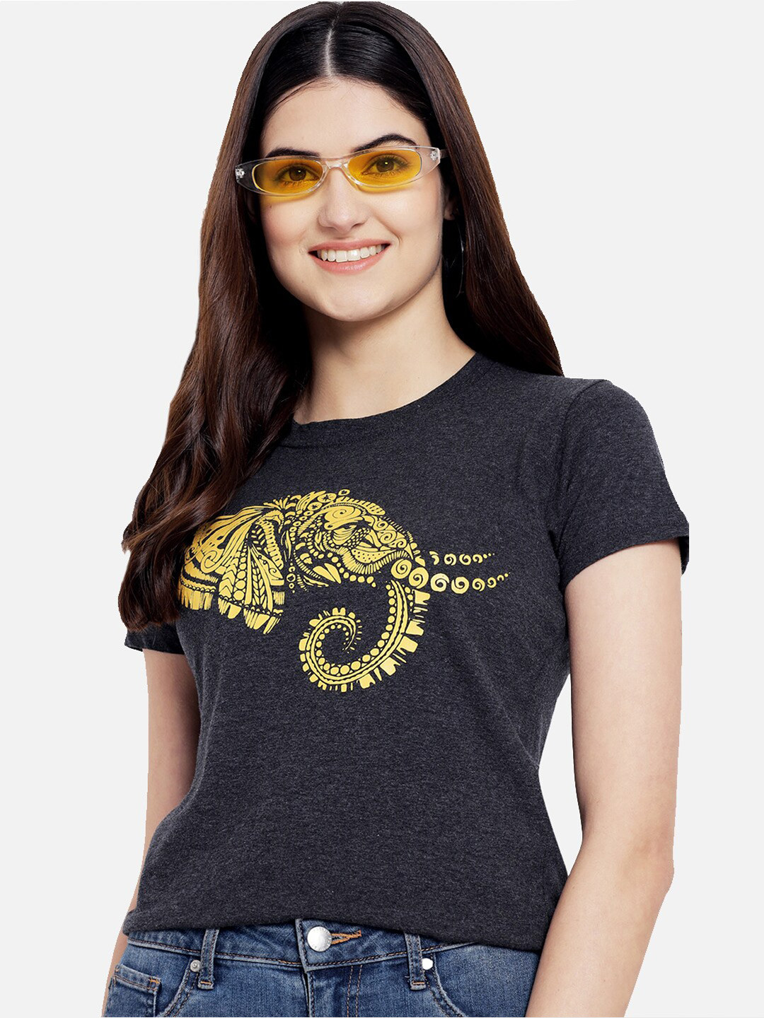 

Fabflee Women Pure Cotton Typography Printed Round Neck T-Shirt, Black