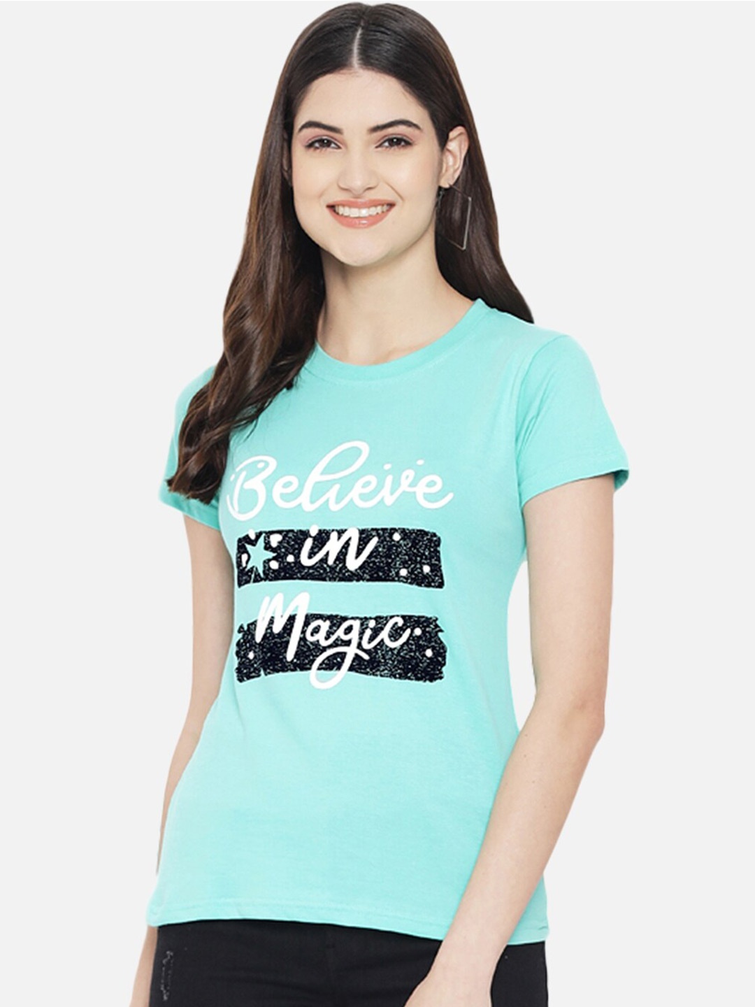 

Fabflee Women Typography Printed Round Neck Soft Pure Cotton T-Shirt, Blue
