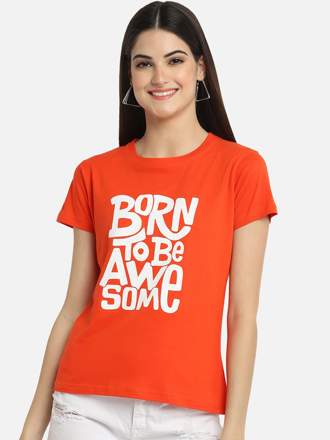 

Fabflee Women Pure Cotton Typography Printed Round Neck Regular T-Shirt, Orange