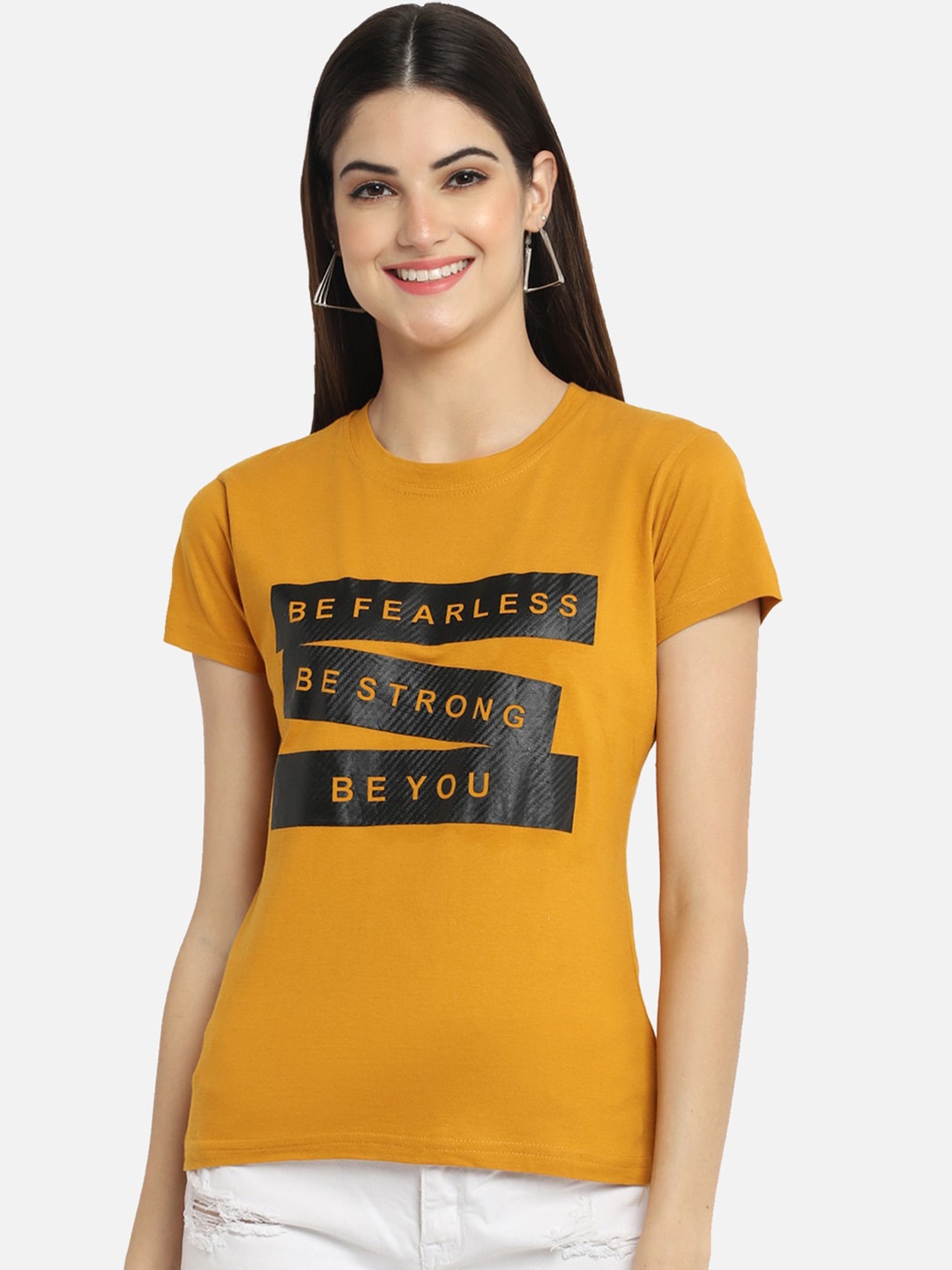 

Fabflee Women Pure Cotton Typography Printed Round Neck T-Shirt, Mustard