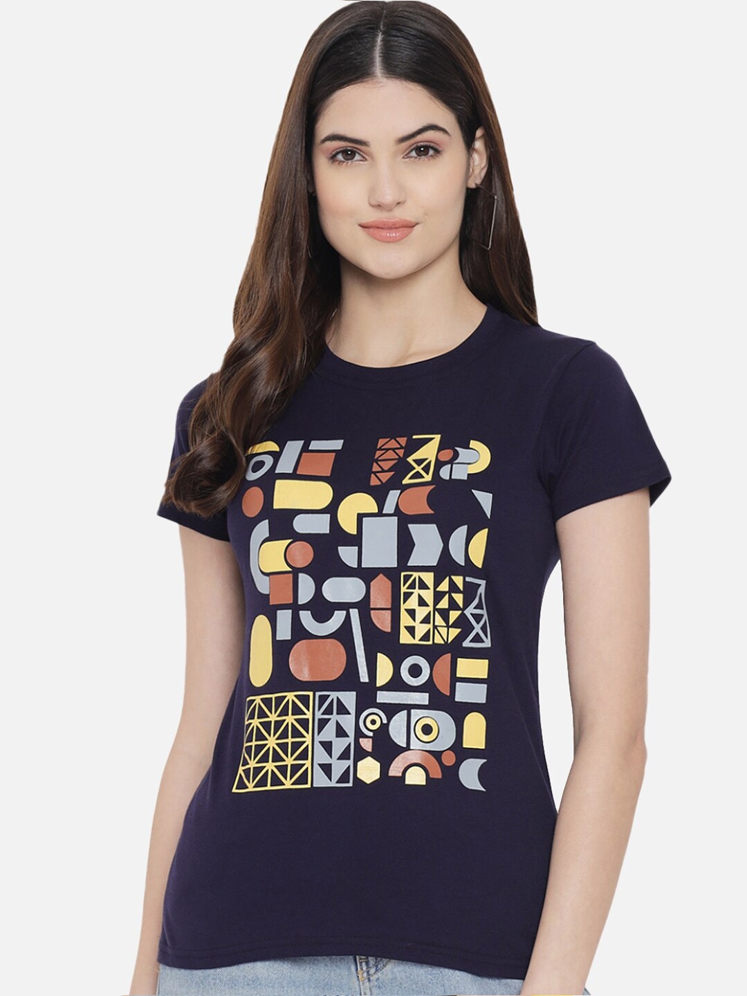 

Fabflee Women Pure Cotton Typography Printed T-Shirt, Navy blue