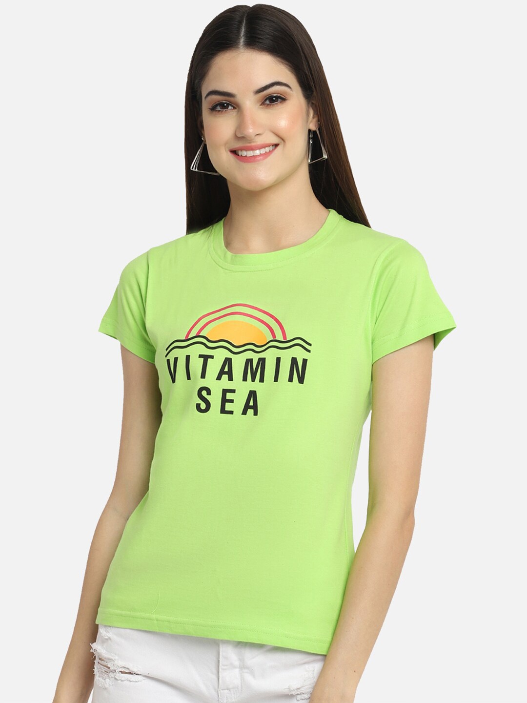 

Fabflee Women Pure Cotton Typography Printed T-Shirt, Green