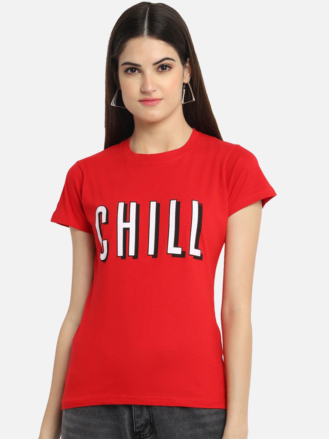

Fabflee Women Pure Cotton Typography Printed Round Neck Regular T-Shirt, Red
