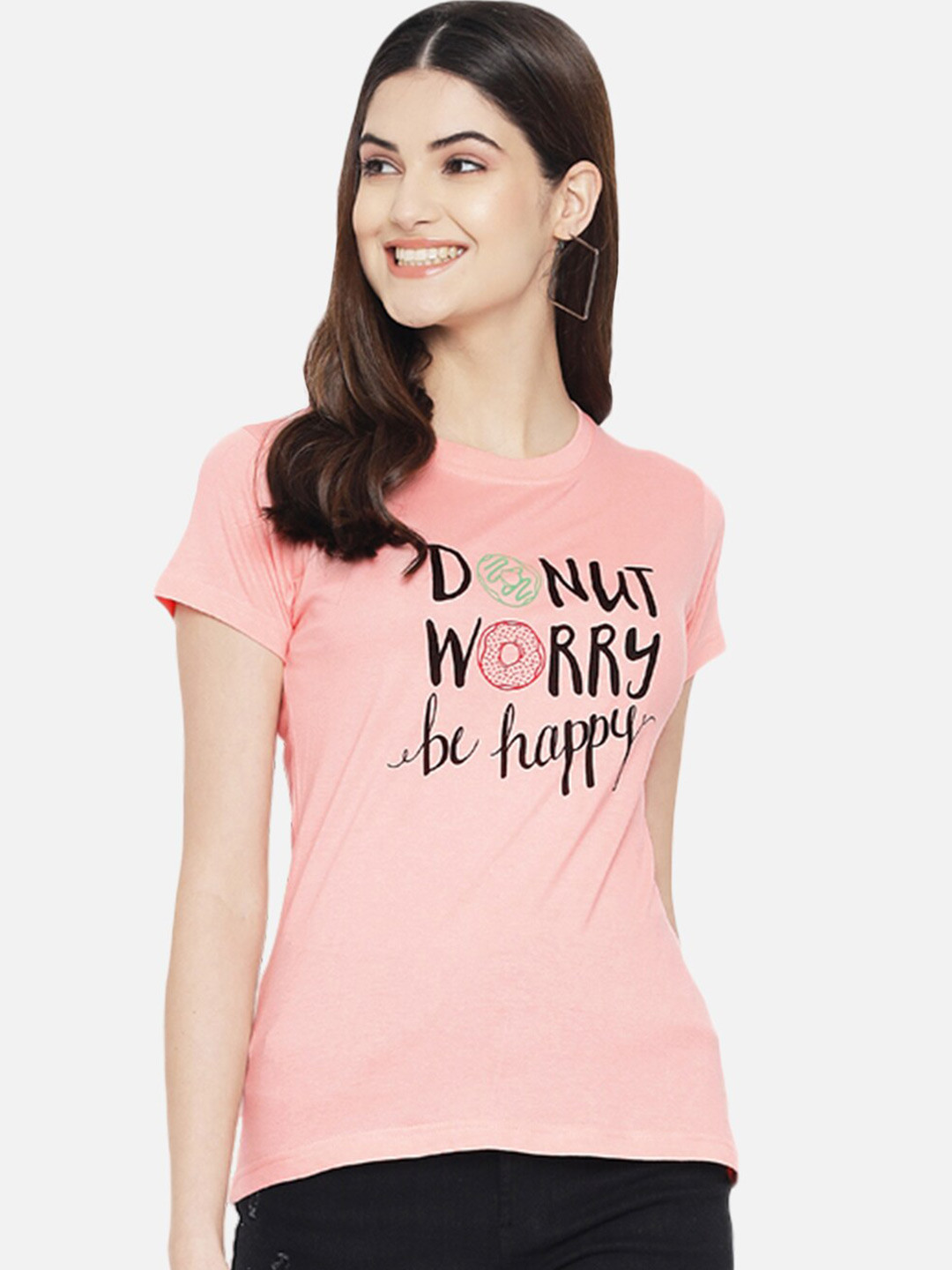 

Fabflee Women Typography Printed Pure Cotton T-shirt, Peach