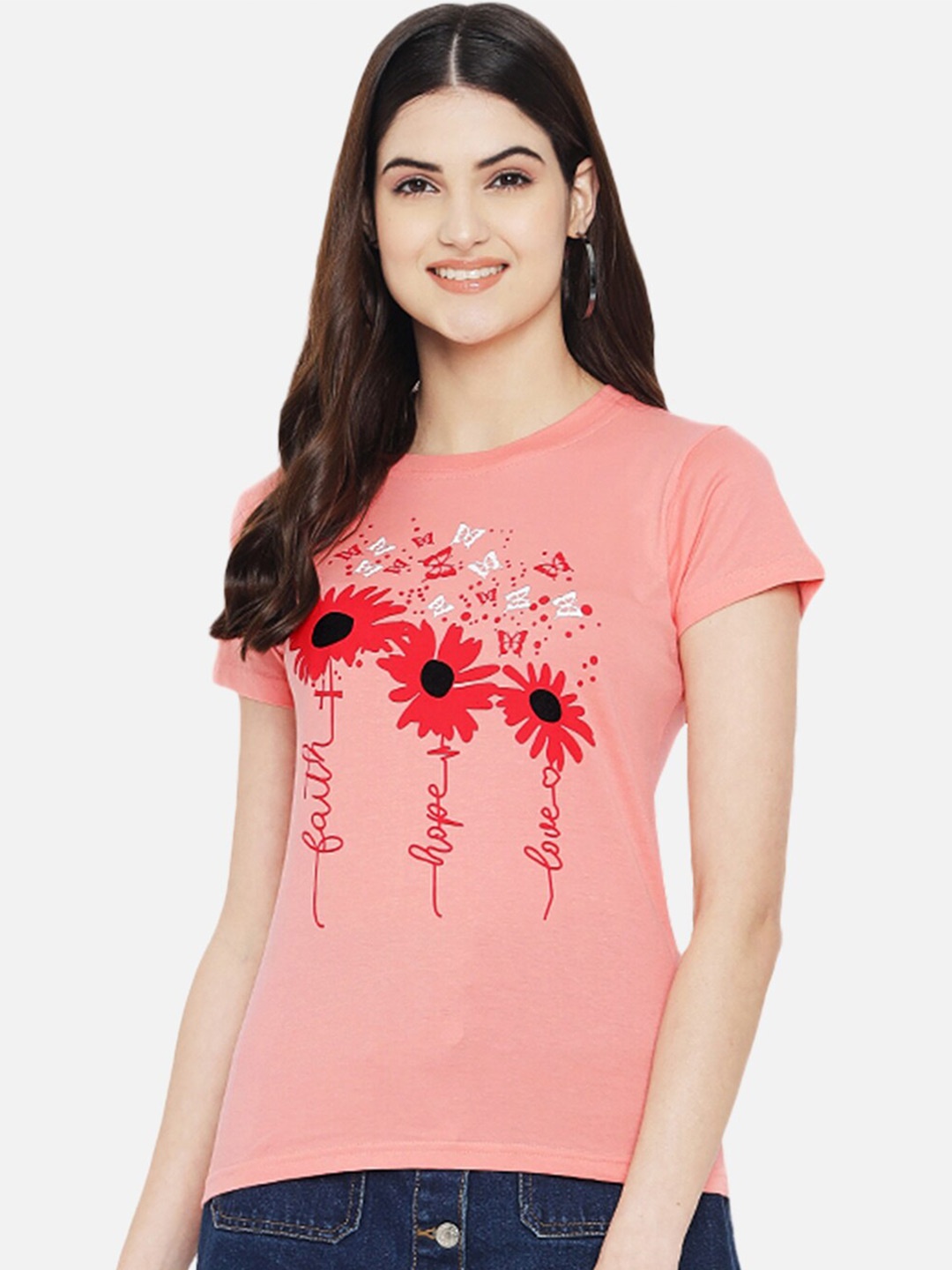 

Fabflee Women Pure Cotton Typography Printed Round Neck Regular T-Shirt, Peach