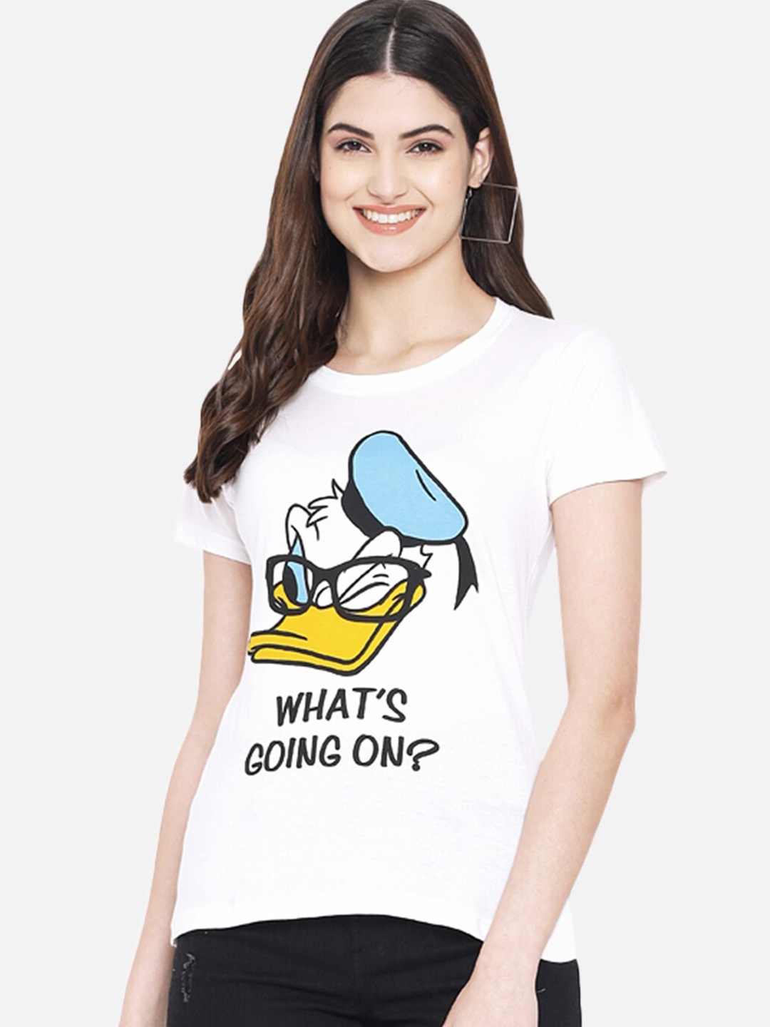 

Fabflee Women Donald Duck Printed Pure Cotton T-Shirt, White