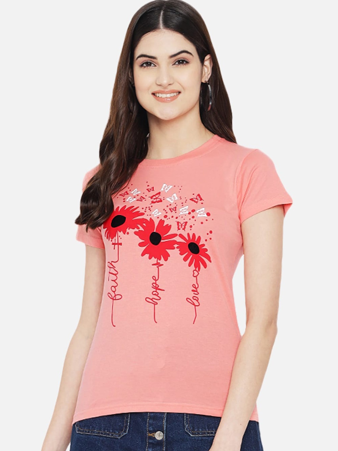 

BAESD Floral Printed Cotton T-shirt, Peach