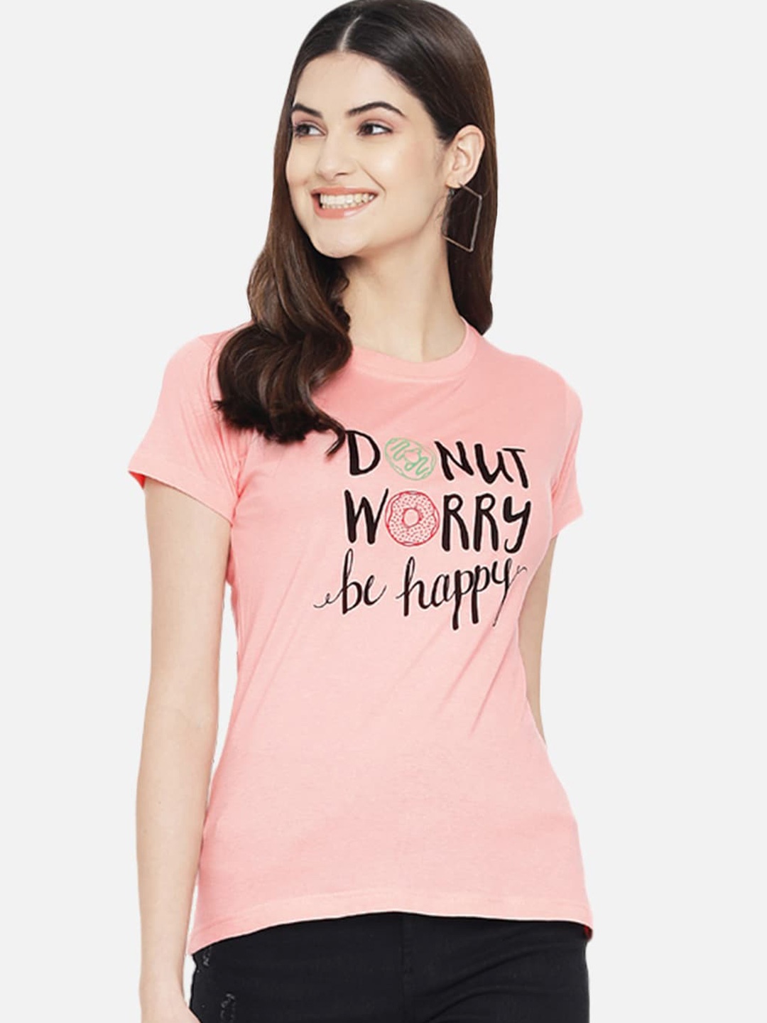 BAESD Typography Printed Round Neck Cotton T-Shirt, Peach