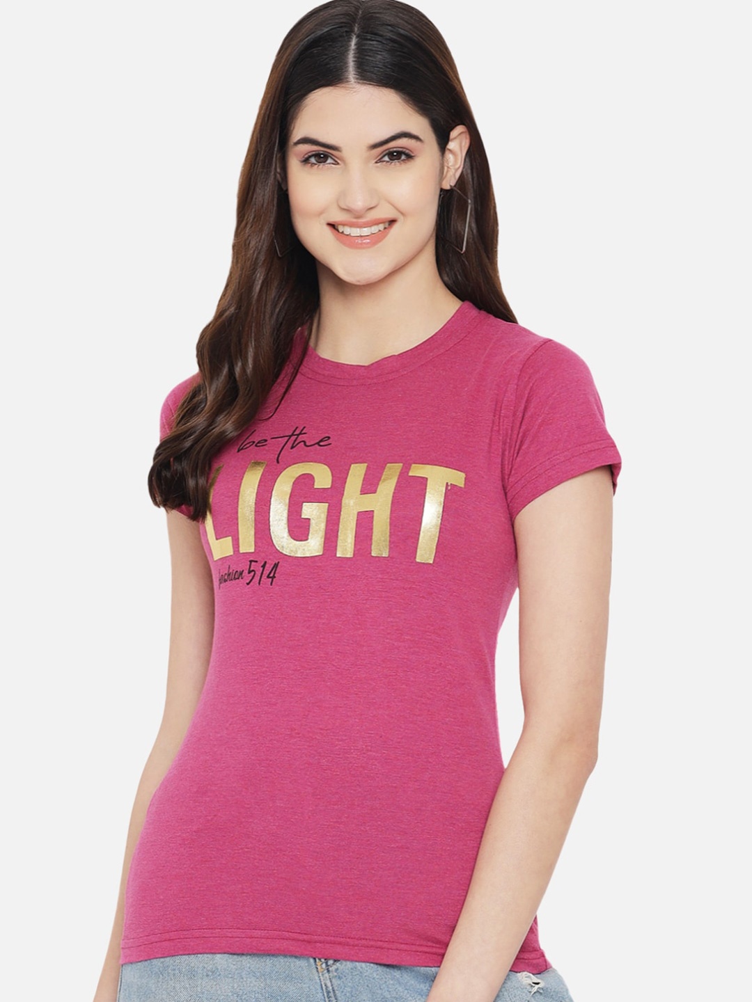 BAESD Typography Printed Cotton Casual T-shirt, Pink