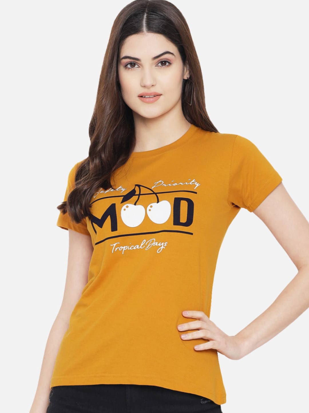 BAESD Typography Printed Cotton T-shirt, Mustard