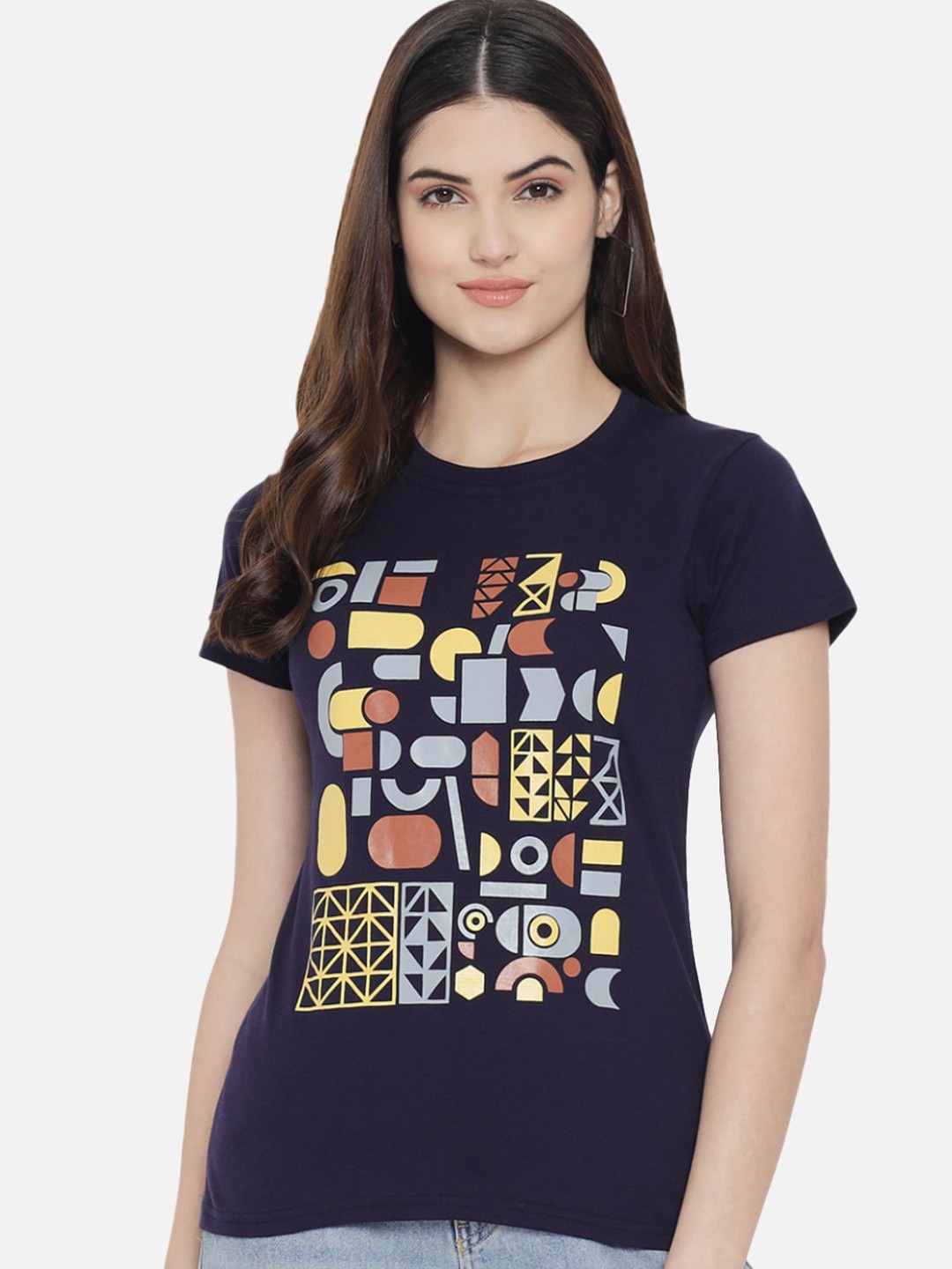 

BAESD Geometric Printed Casual Cotton T-shirt, Navy blue