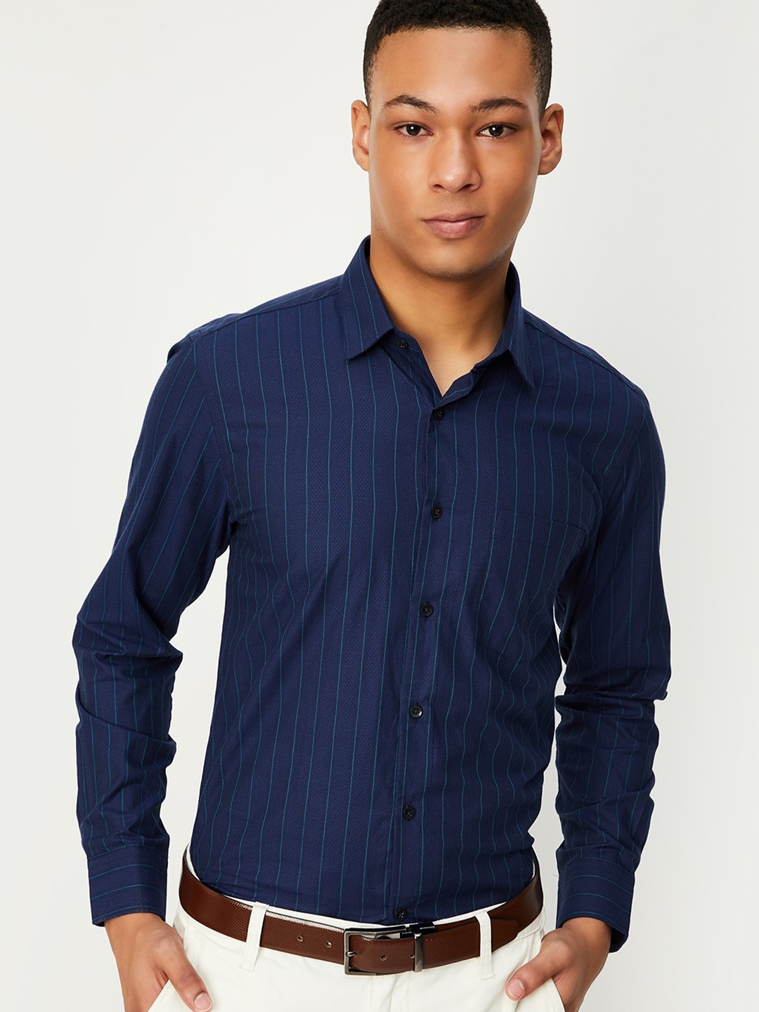 

max Opaque Striped Pure Cotton Formal Shirt, Blue