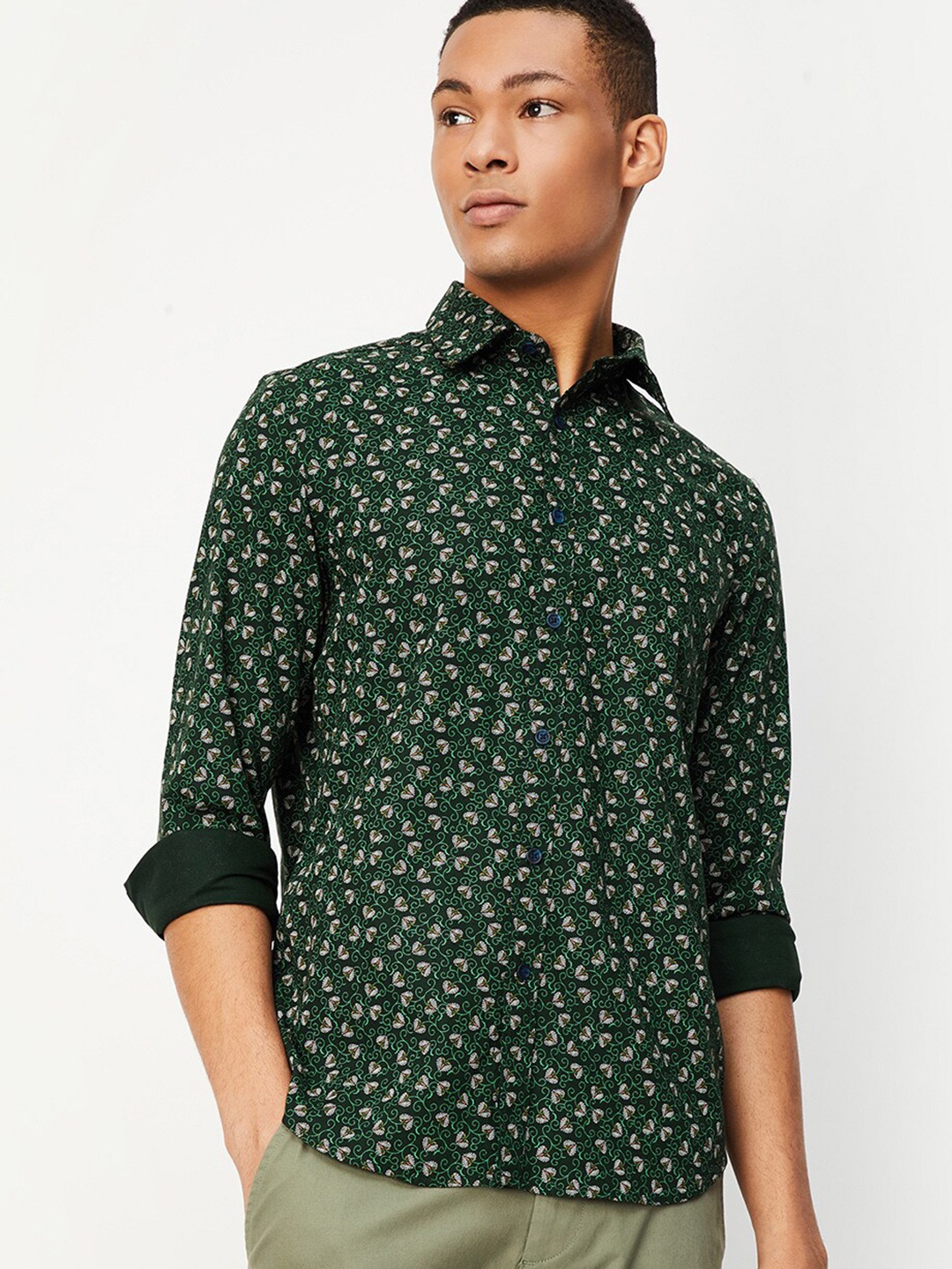 

max Floral Printed Opaque Cotton Casual Shirt, Green