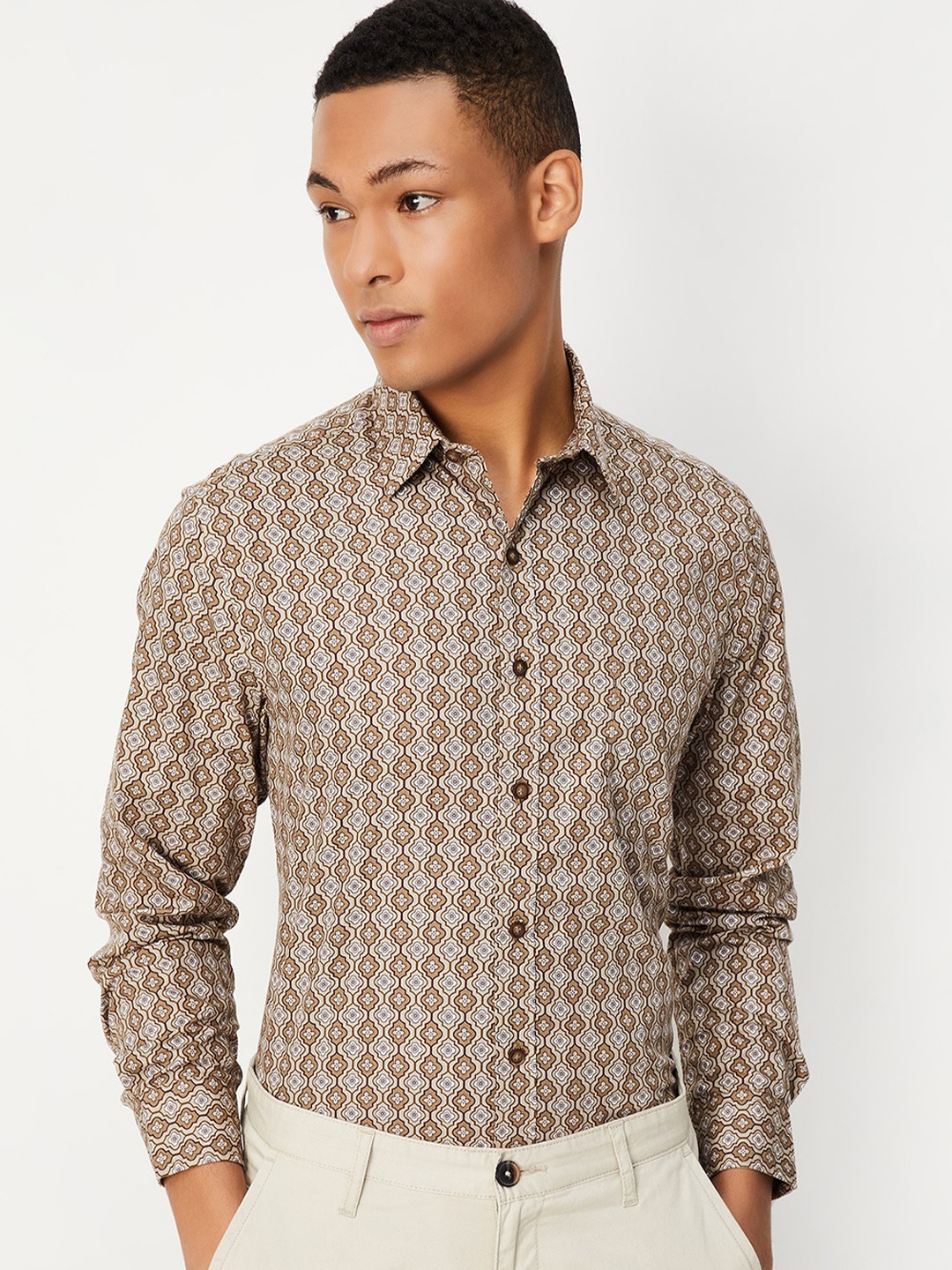 

max Spread Collar Ethnic Motifs Printed Casual Cotton Shirt, Brown