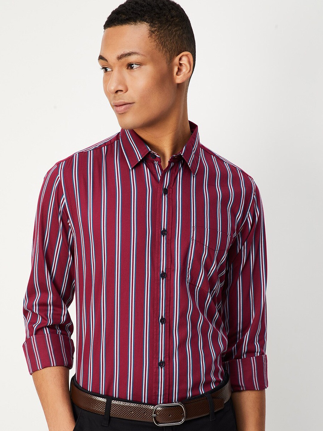 

max Striped Spread Collar Cotton Casual Shirt, Maroon