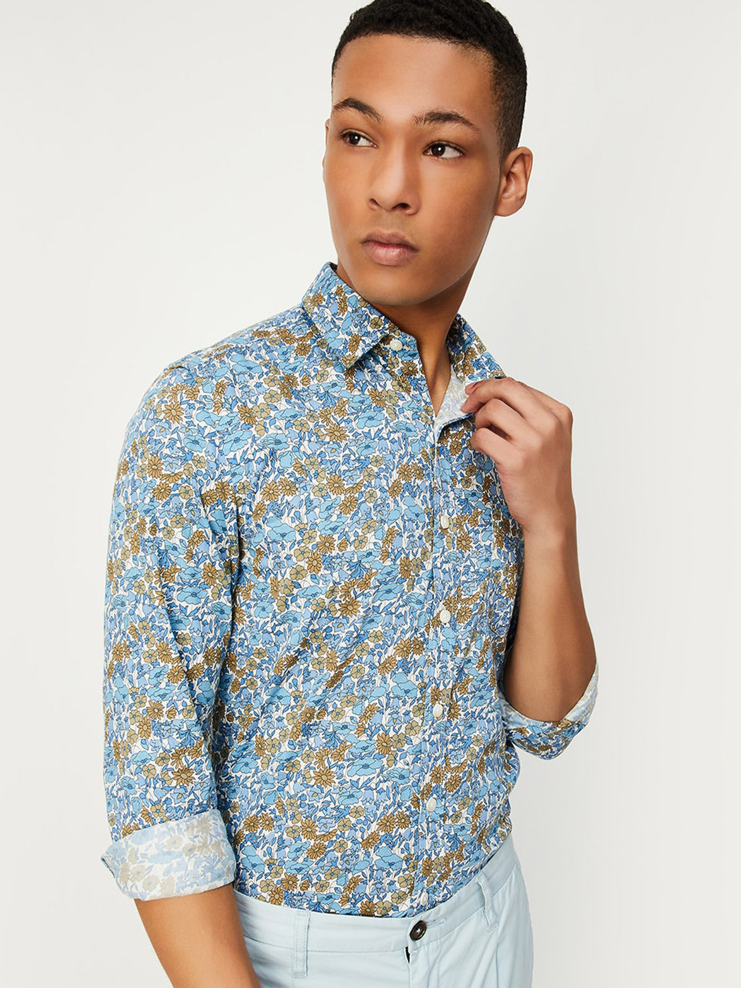 

max Floral Printed Spread Collar Pure Cotton Casual Shirt, Blue