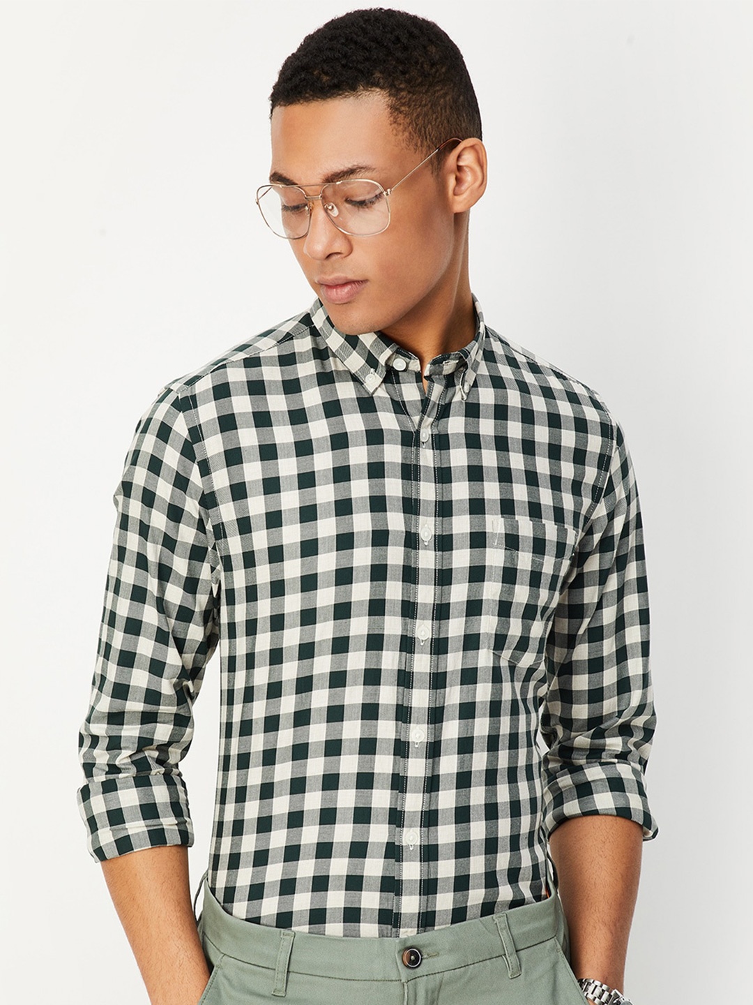 

max Gingham Checks Button-Down Collar Cotton Casual Shirt, Green