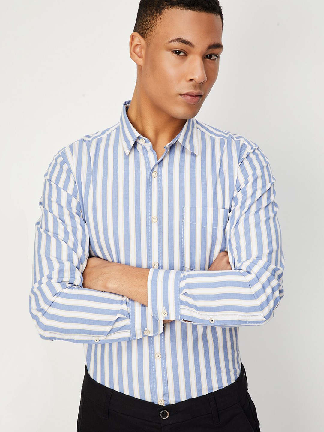 

max Striped Classic Cotton Casual Shirt, Blue