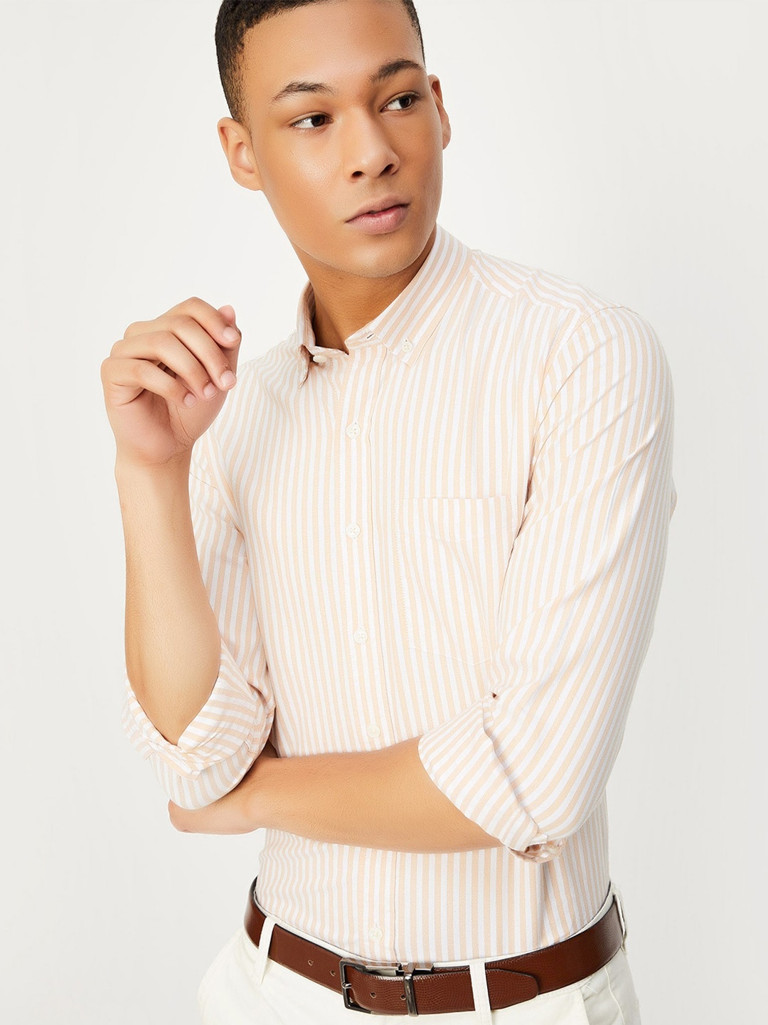 

max Striped Classic Cotton Casual Shirt, Beige