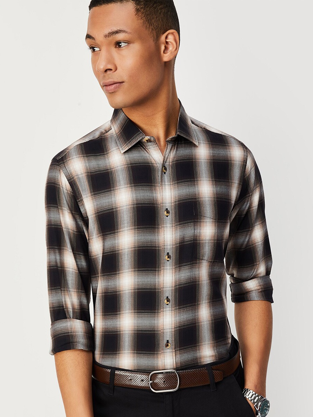 

max Tartan Checked Pure Cotton Casual Shirt, Brown