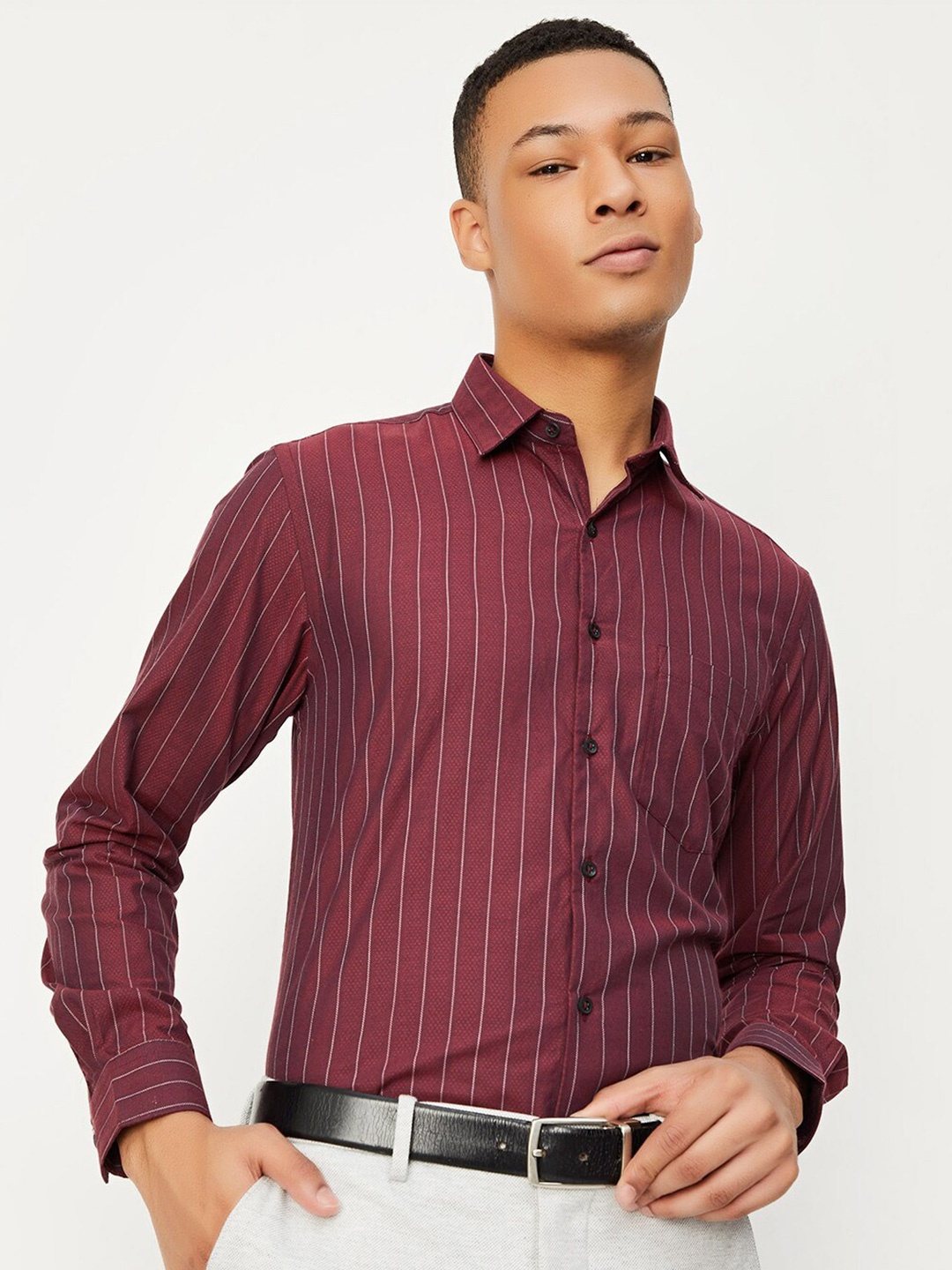 

max Spread Collar Striped Casual Cotton Shirt, Maroon