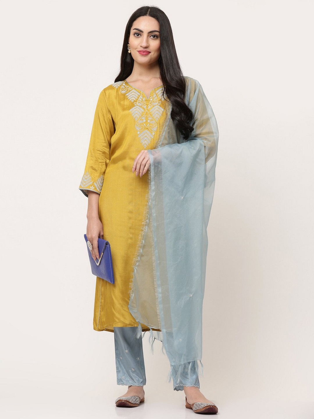 

SAVI Embroidered Kurta & Trousers Set With Dupatta, Mustard