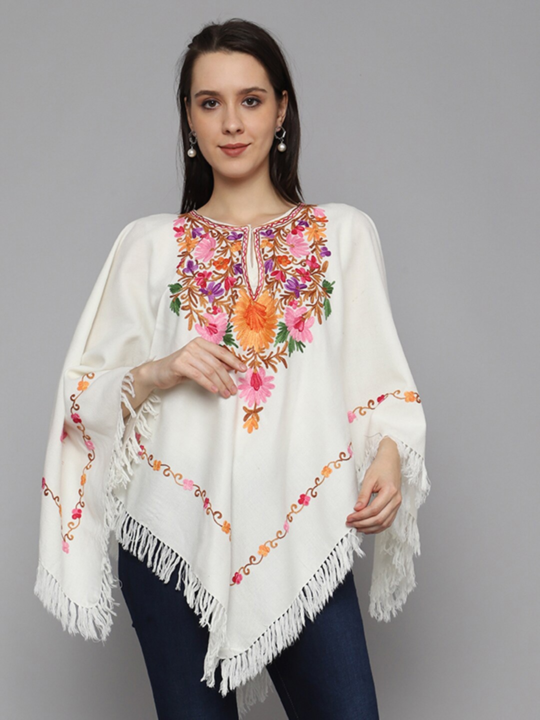 

CRAFTBAZAR Kashmiri Embroidered Poncho, Off white