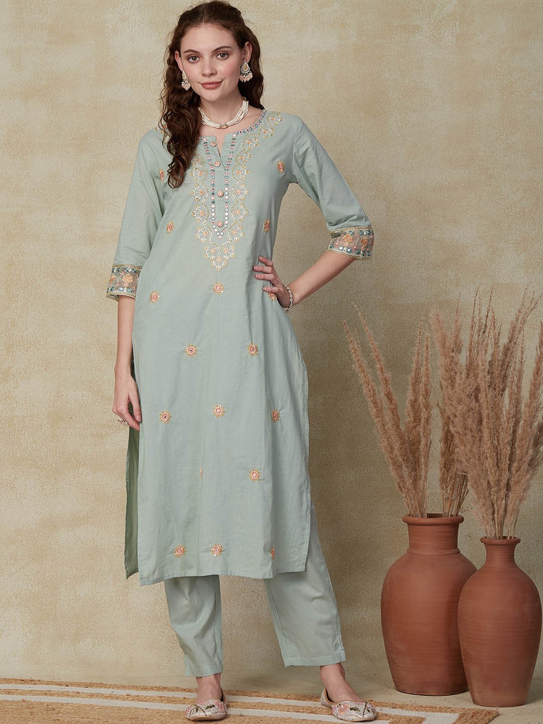 

FASHOR Floral Embroidered Mirror Work Pure Cotton Straight Kurta with Trouser, Green