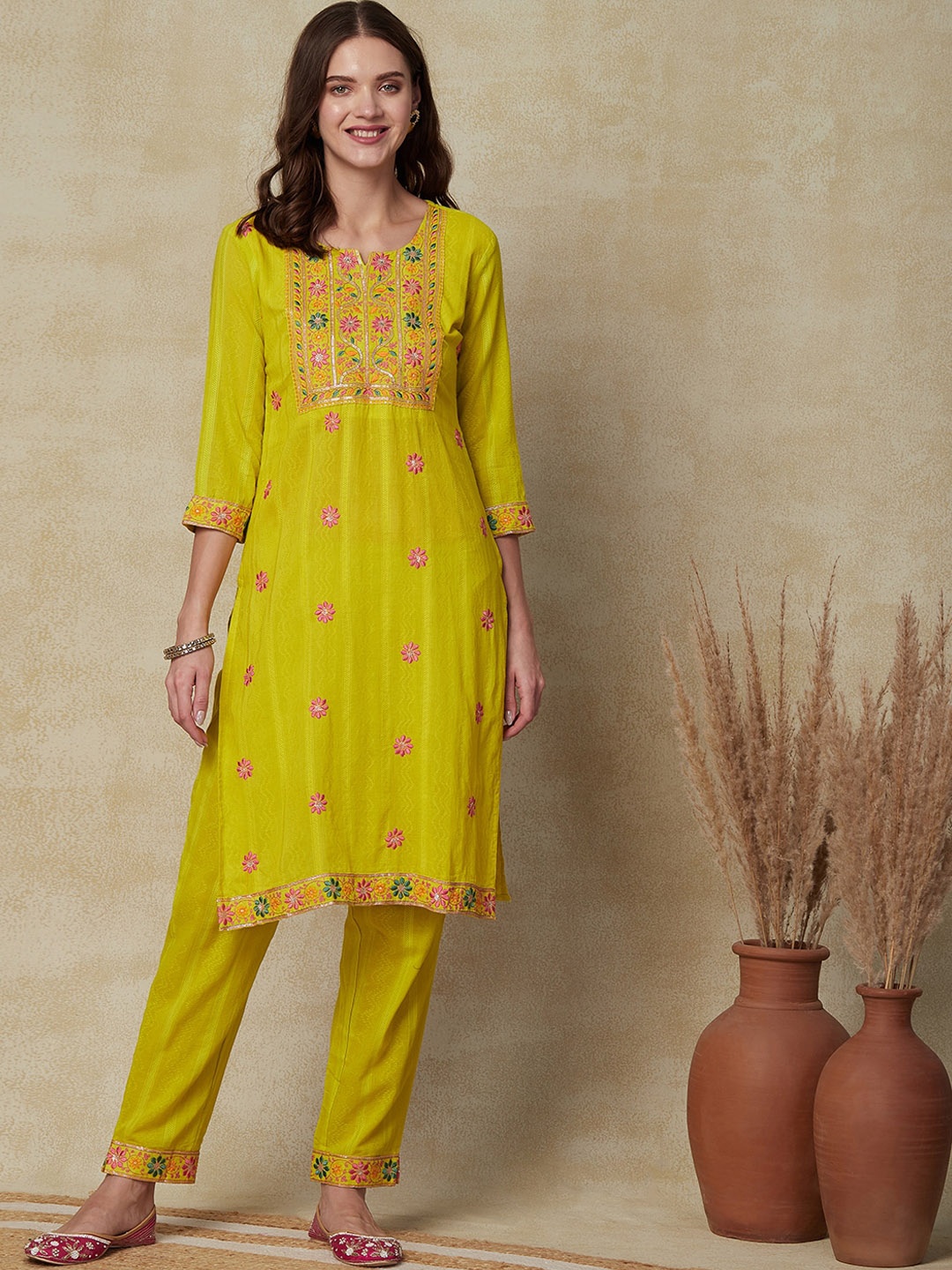 

FASHOR Floral Embroidered Pure Cotton Straight Kurta with Trouser, Yellow