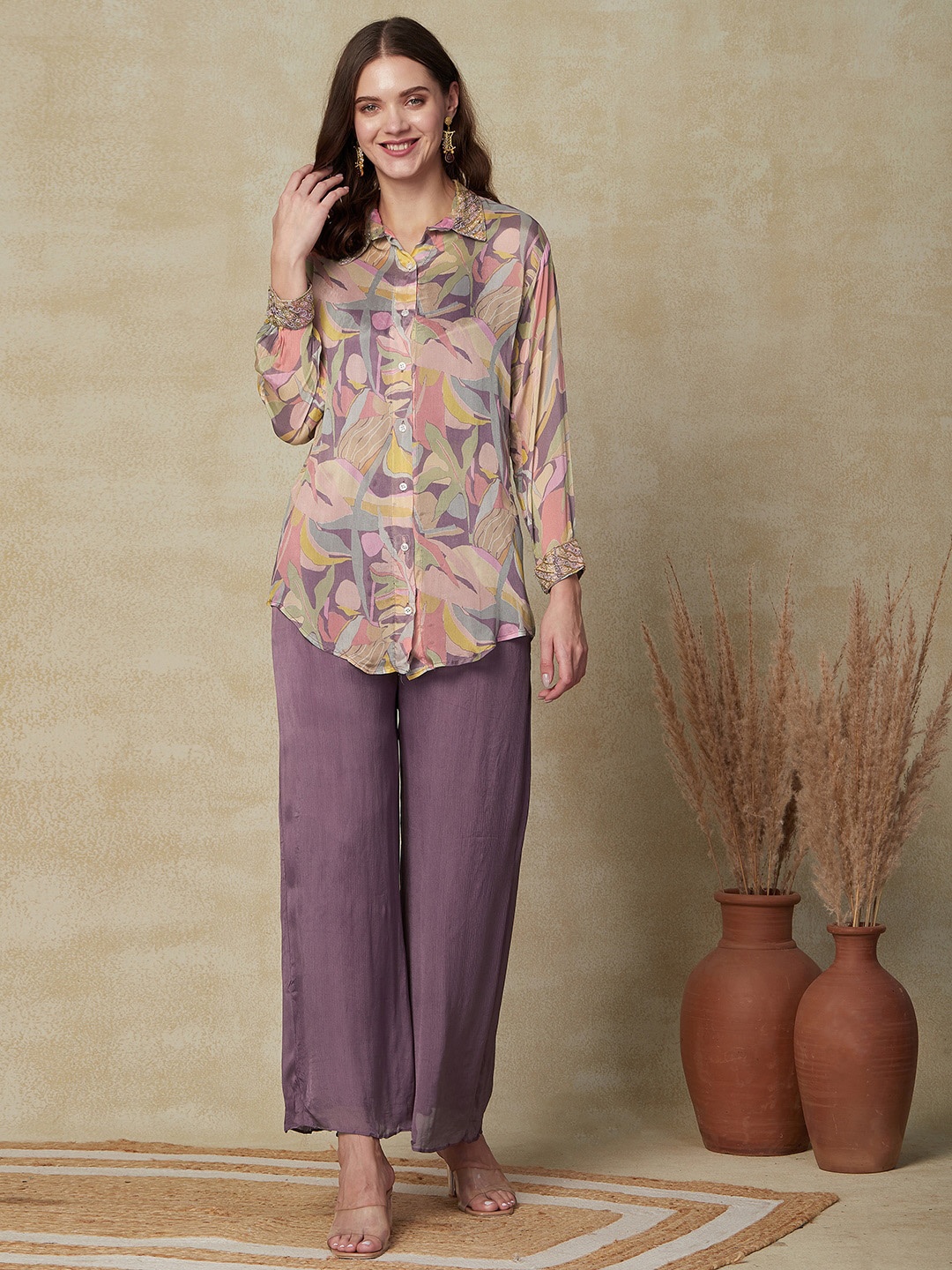 

FASHOR Abstract Printed Shirt with Palazzos, Purple