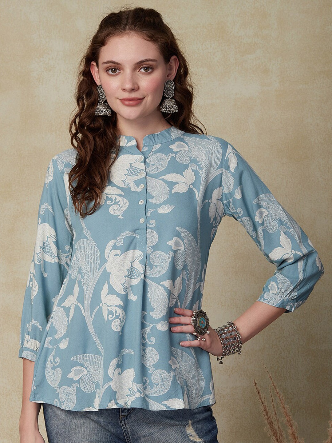

FASHOR Floral Printed Mandarin Collar A-Line Kurti, Blue
