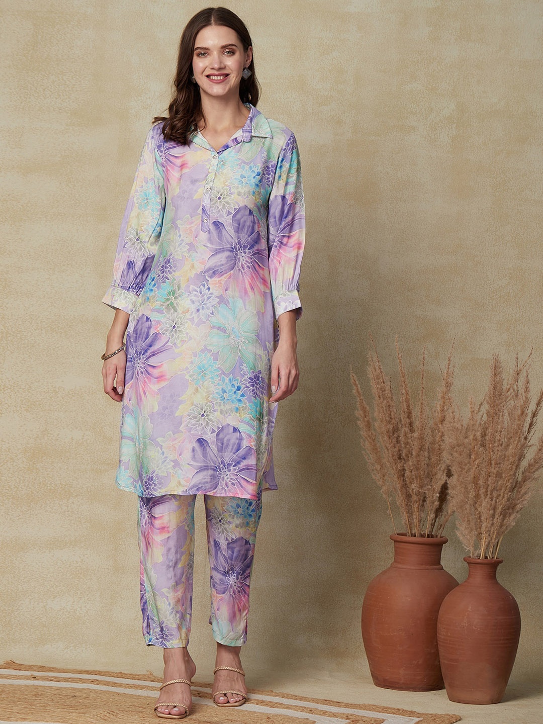 

FASHOR Floral Printed Shirt Collar Puffed Sleeves Straight Kurta with Trouser, Blue
