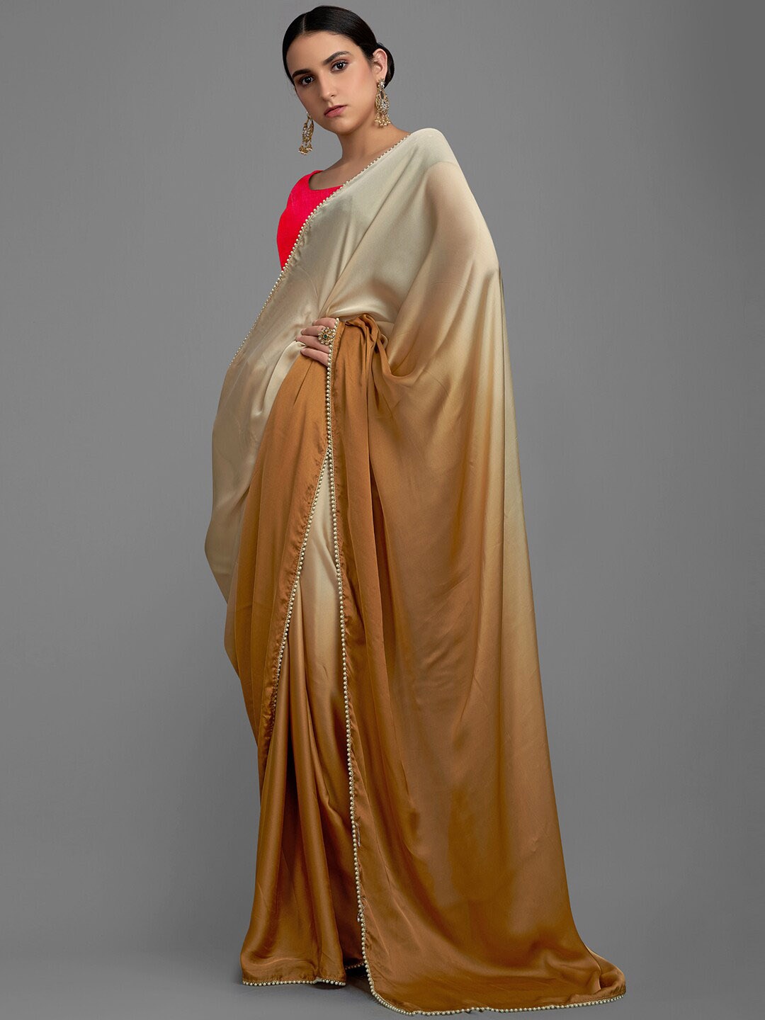 

KALINI Ombre Beads and Stones Satin Saree, Brown