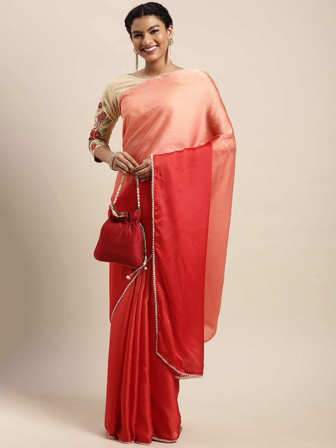 

KALINI Ombre Dyed Beads and Stones Satin Saree, Red
