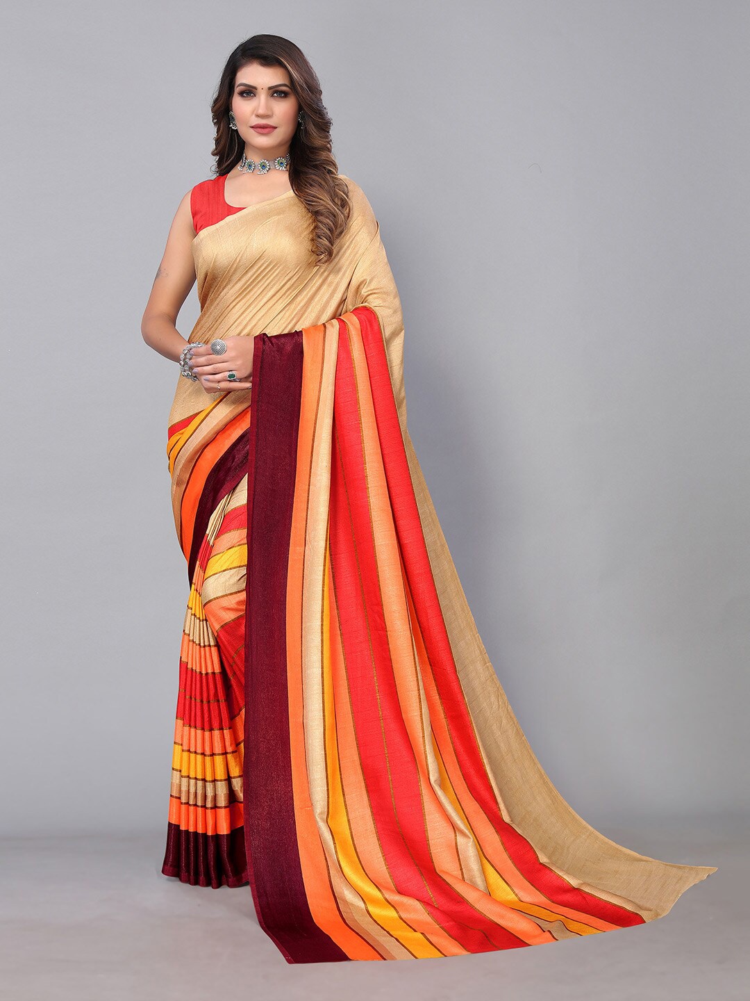 

KALINI Striped Poly Georgette Saree, Beige