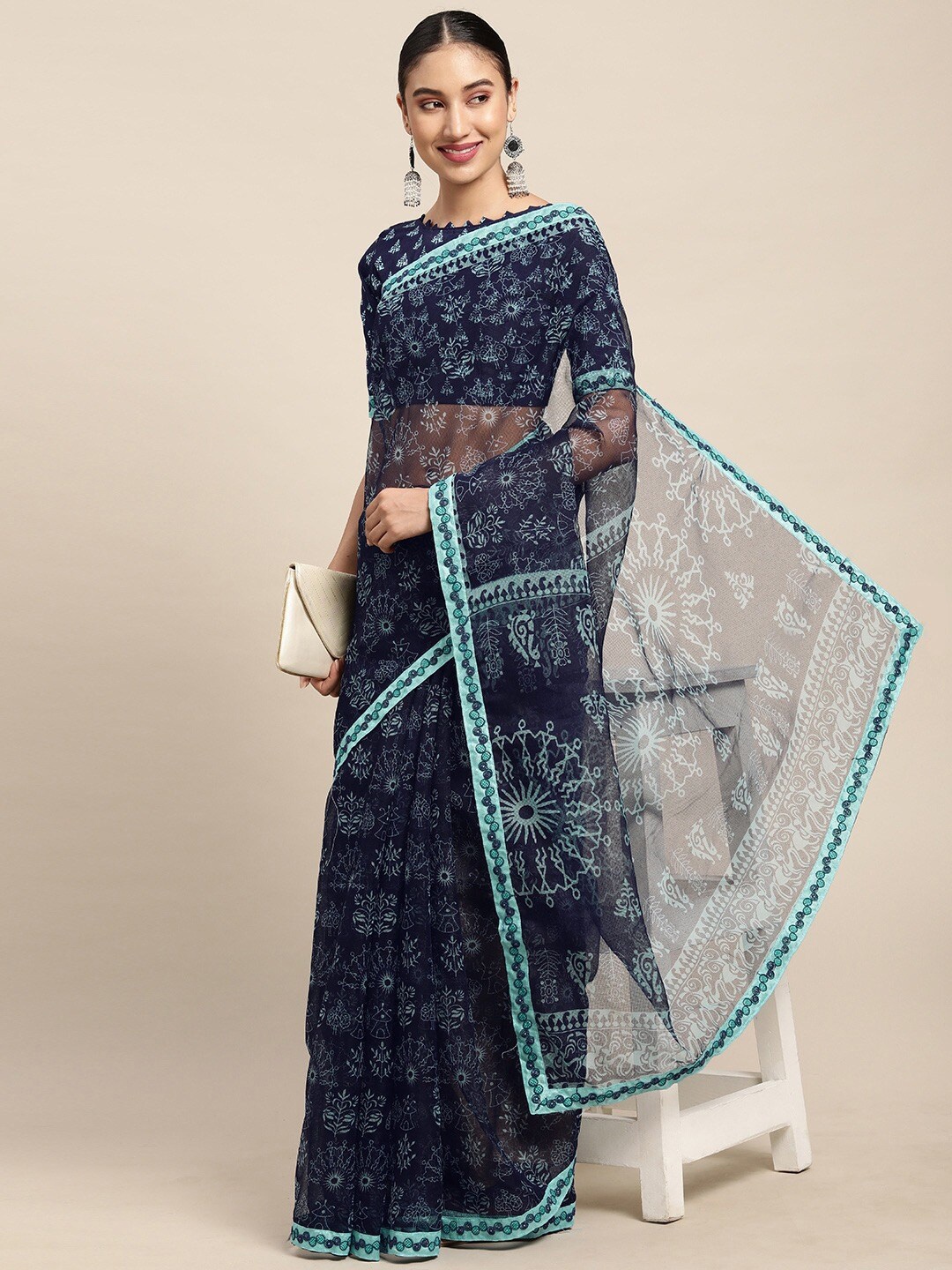 

KALINI Warli Printed Net Saree, Blue