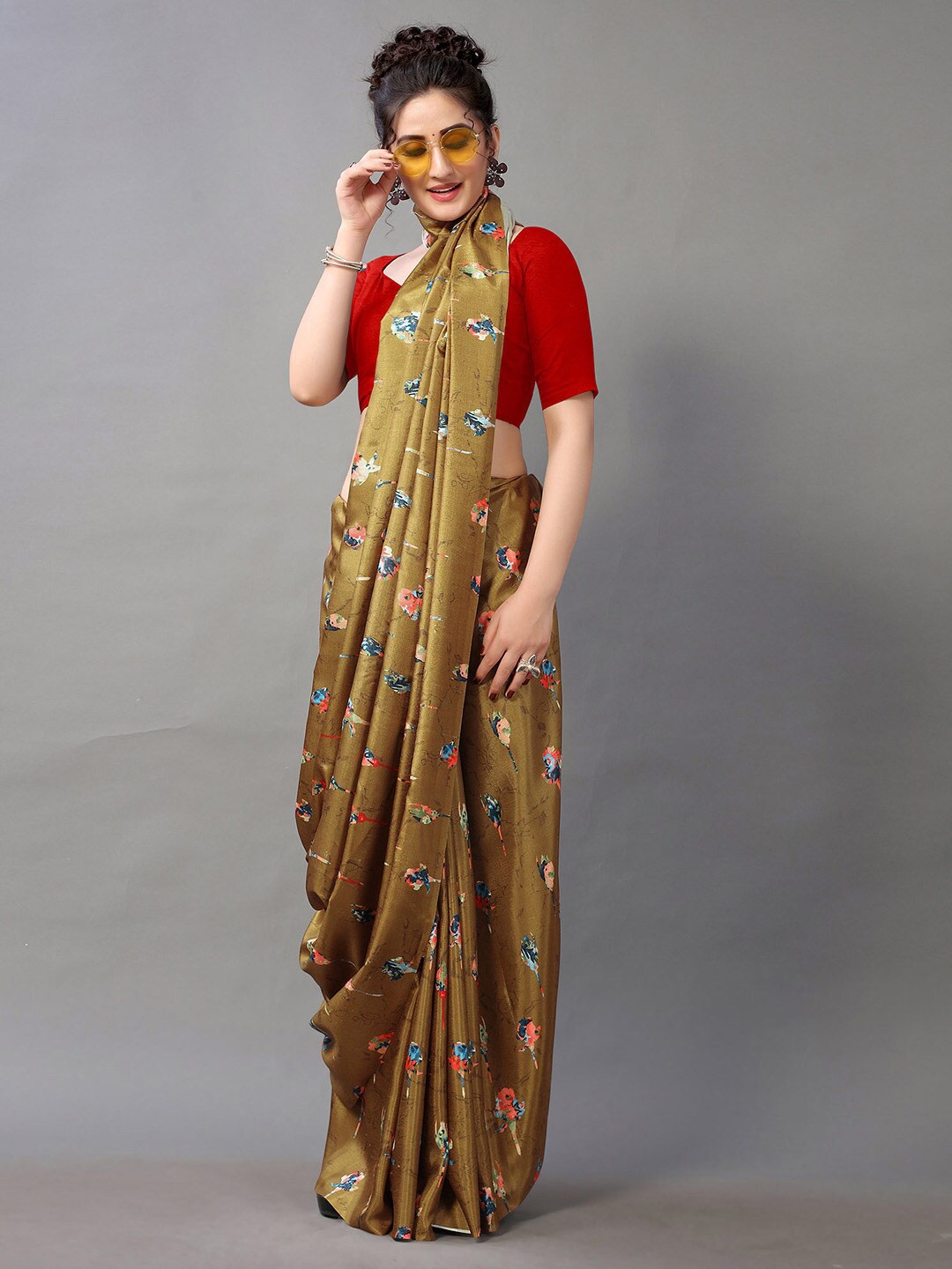 

KALINI Floral Printed Poly Georgette Saree, Olive