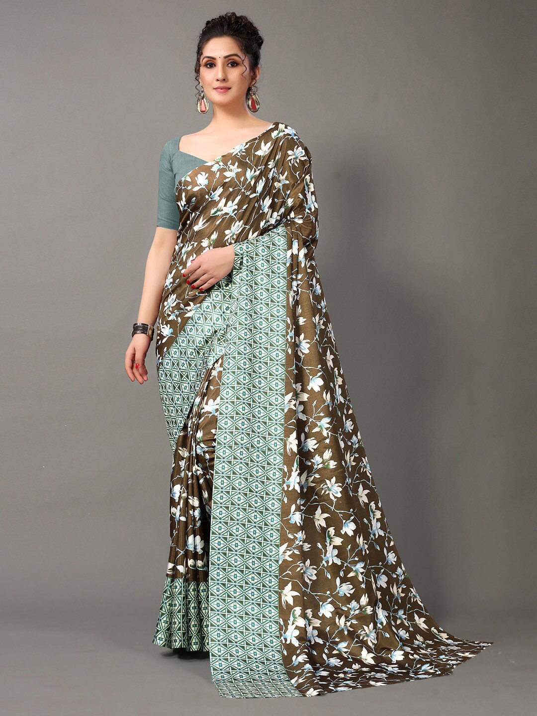

KALINI Floral Poly Georgette Saree, Olive