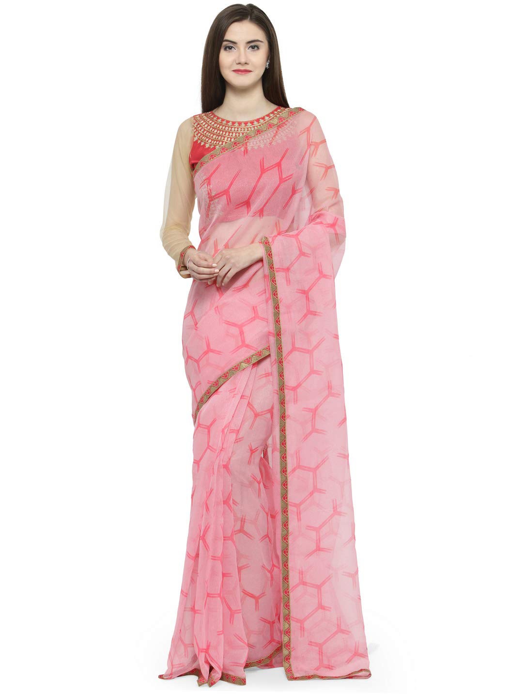 

KALINI Geometric Printed Net Saree, Pink