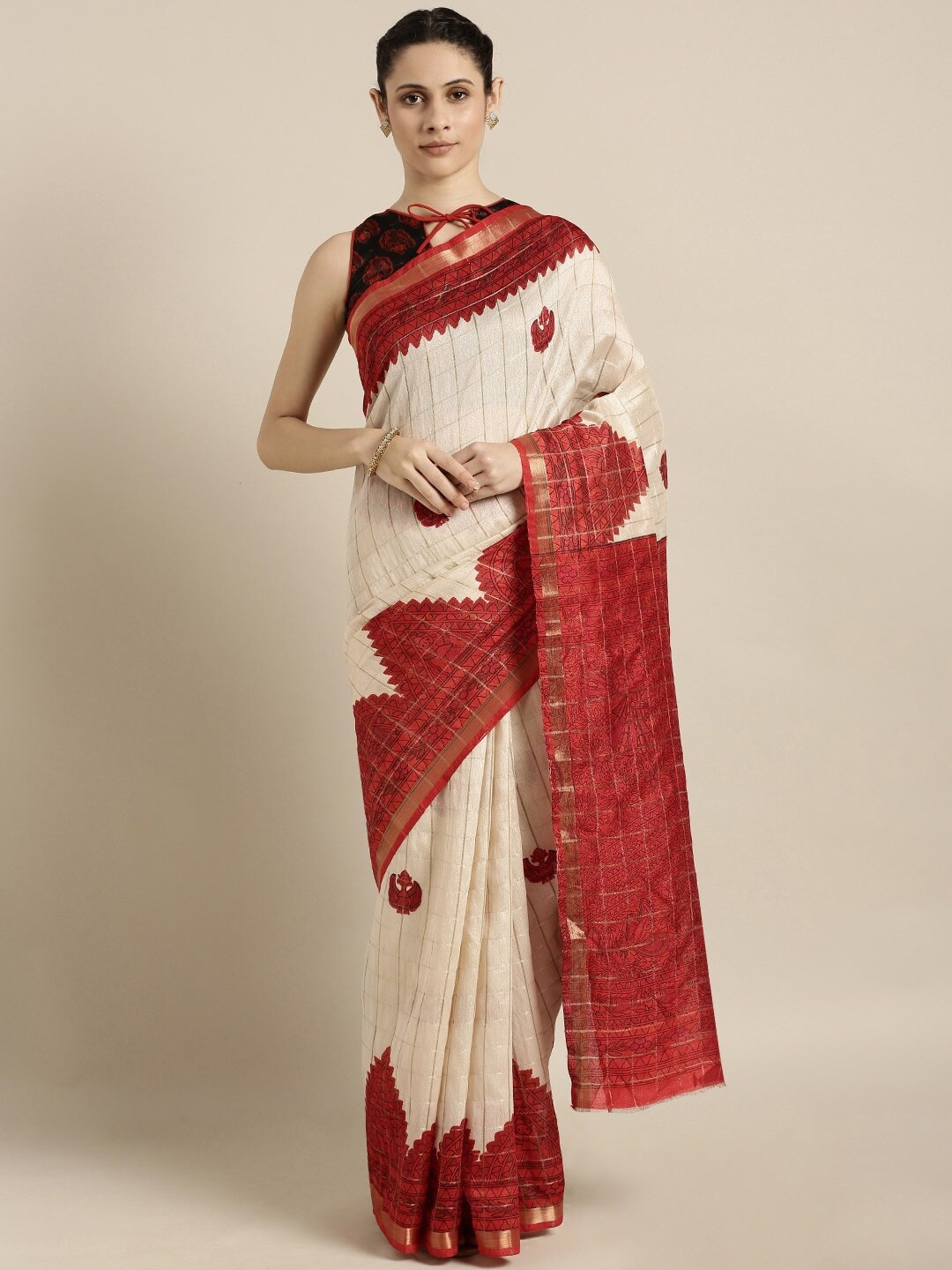 

KALINI Ethnic Motifs Printed Silk Cotton Saree, Cream